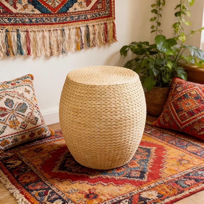 Handwoven Straw Round Pouf Ottoman