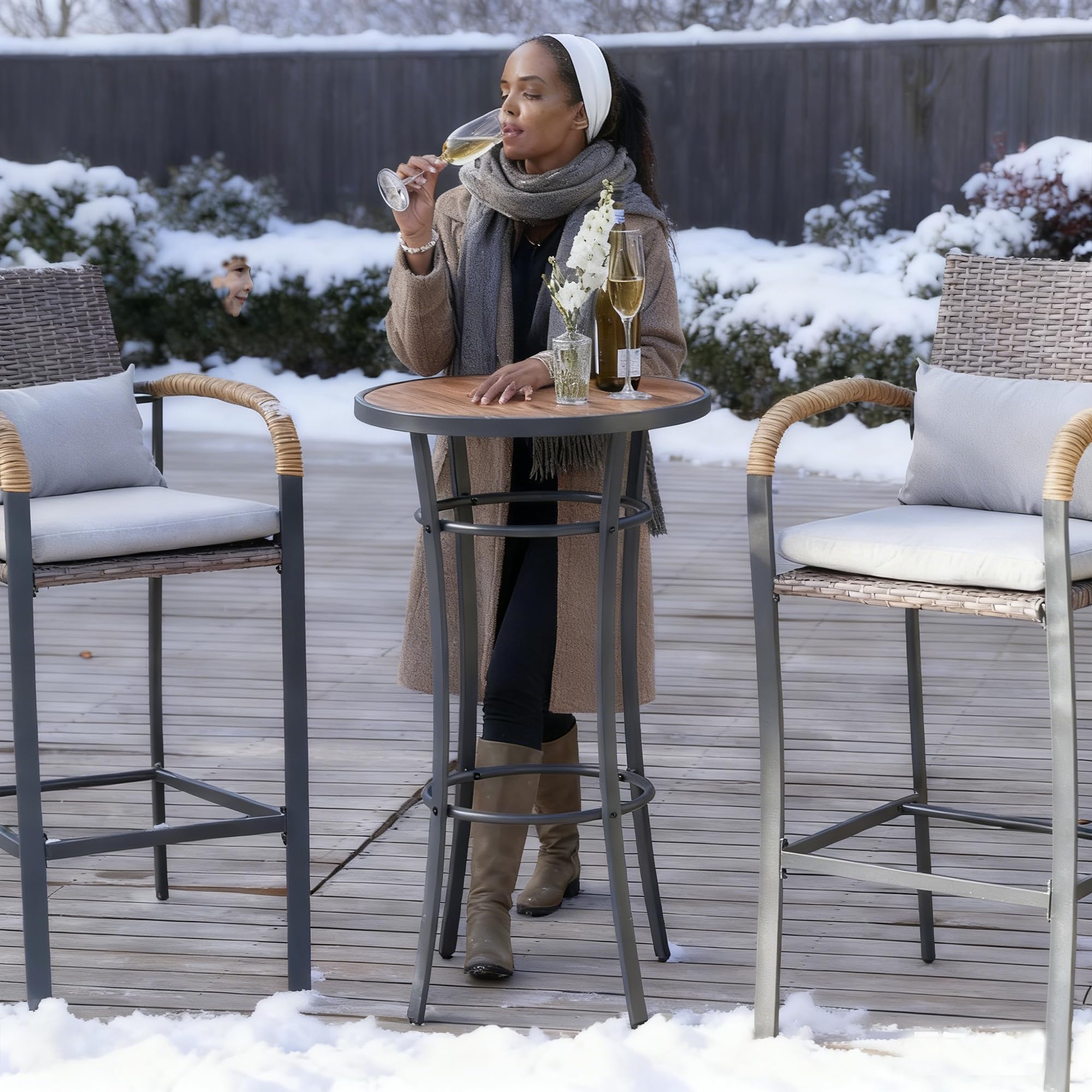 Round Bar Height Patio Table with Wood-Like Top