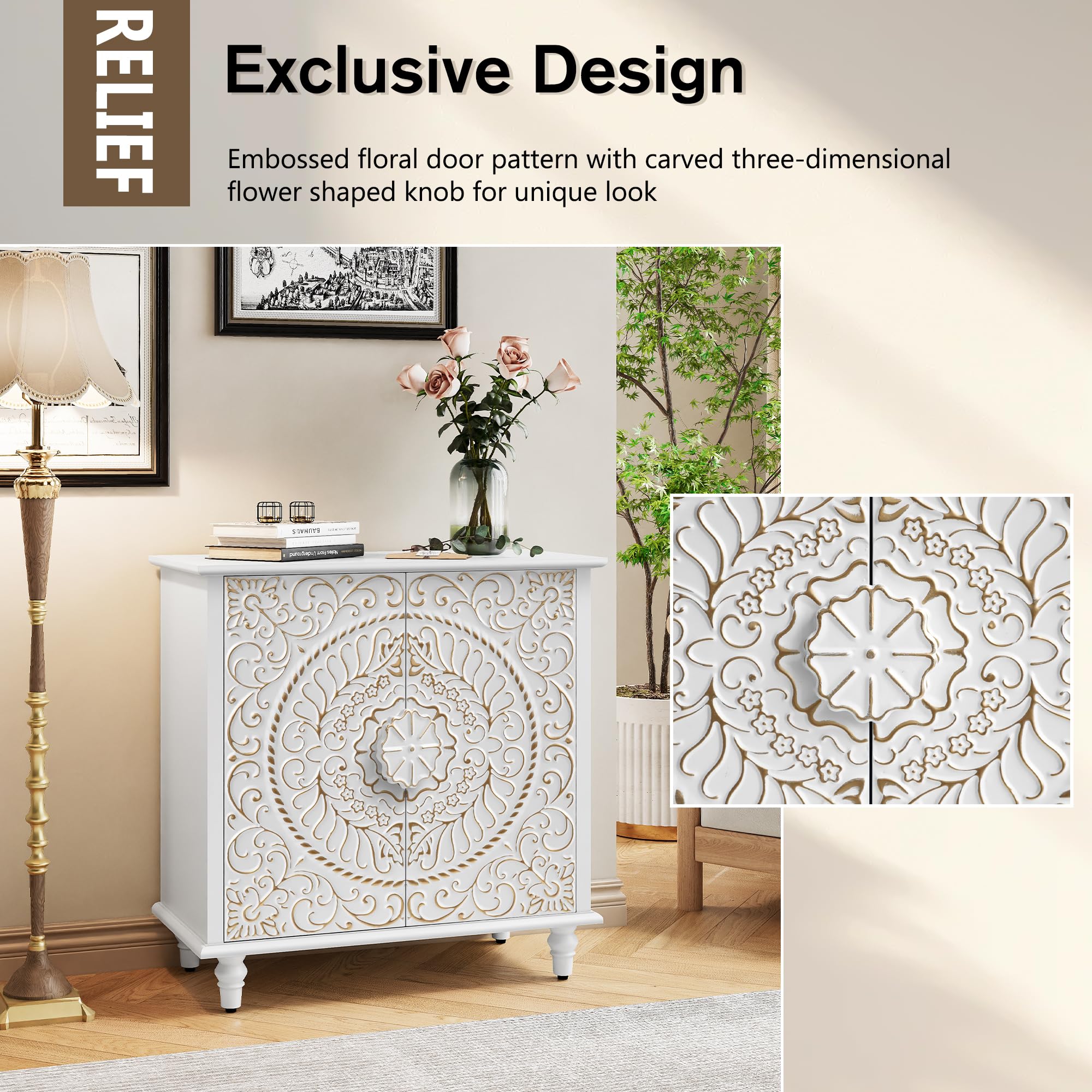 White Accent Cabinet with Carved Flower Pattern