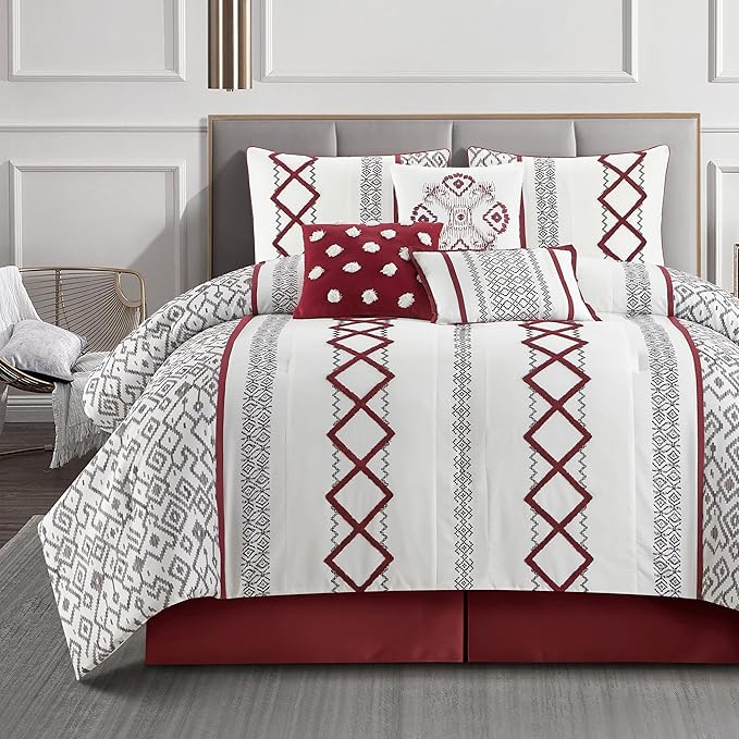 King Comforter Set 7 Pieces White Red Geometric Embroidered