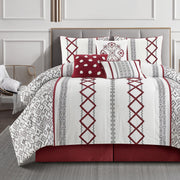 King Comforter Set 7 Pieces White Red Geometric Embroidered