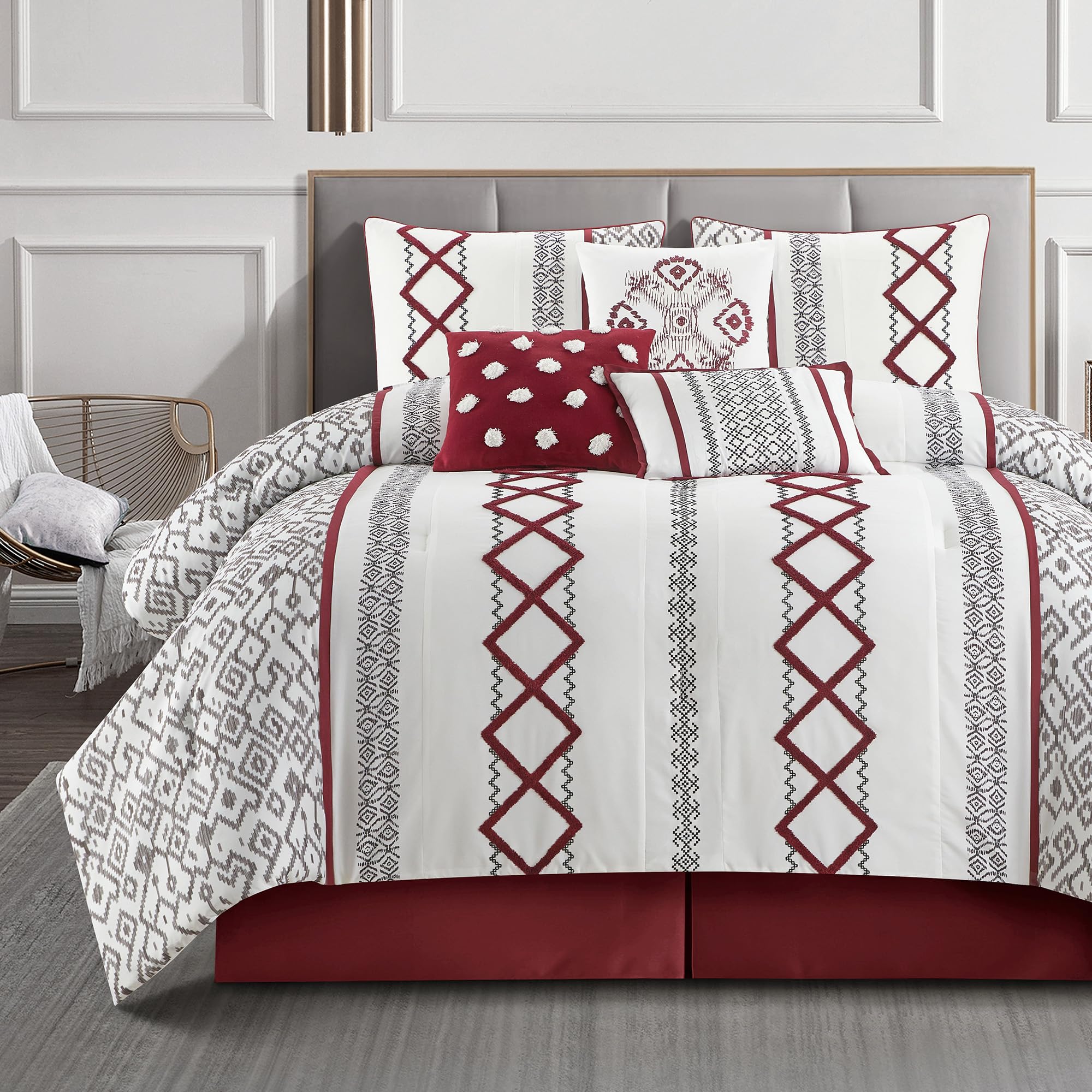 King Comforter Set 7 Pieces White Red Geometric Embroidered