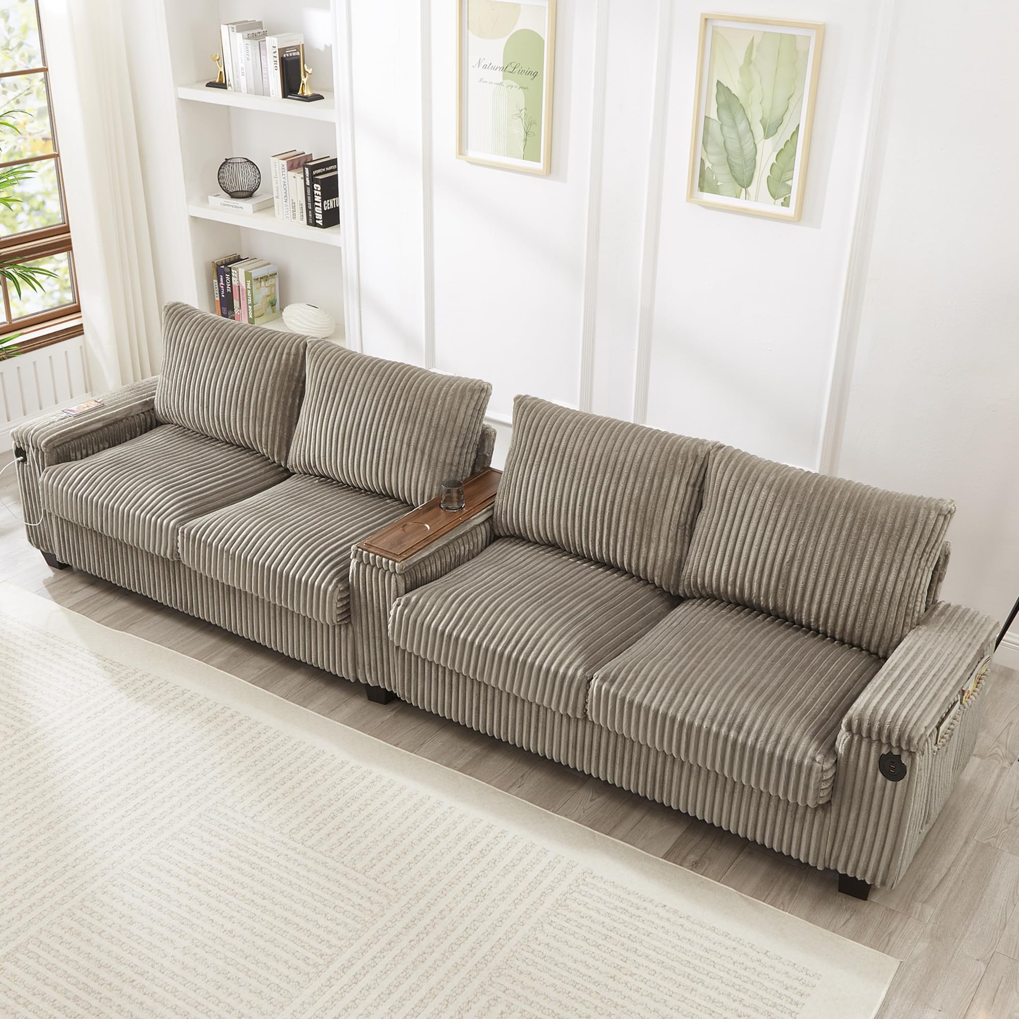 4-Seater Corduroy Sofa with USB Ports and Storage