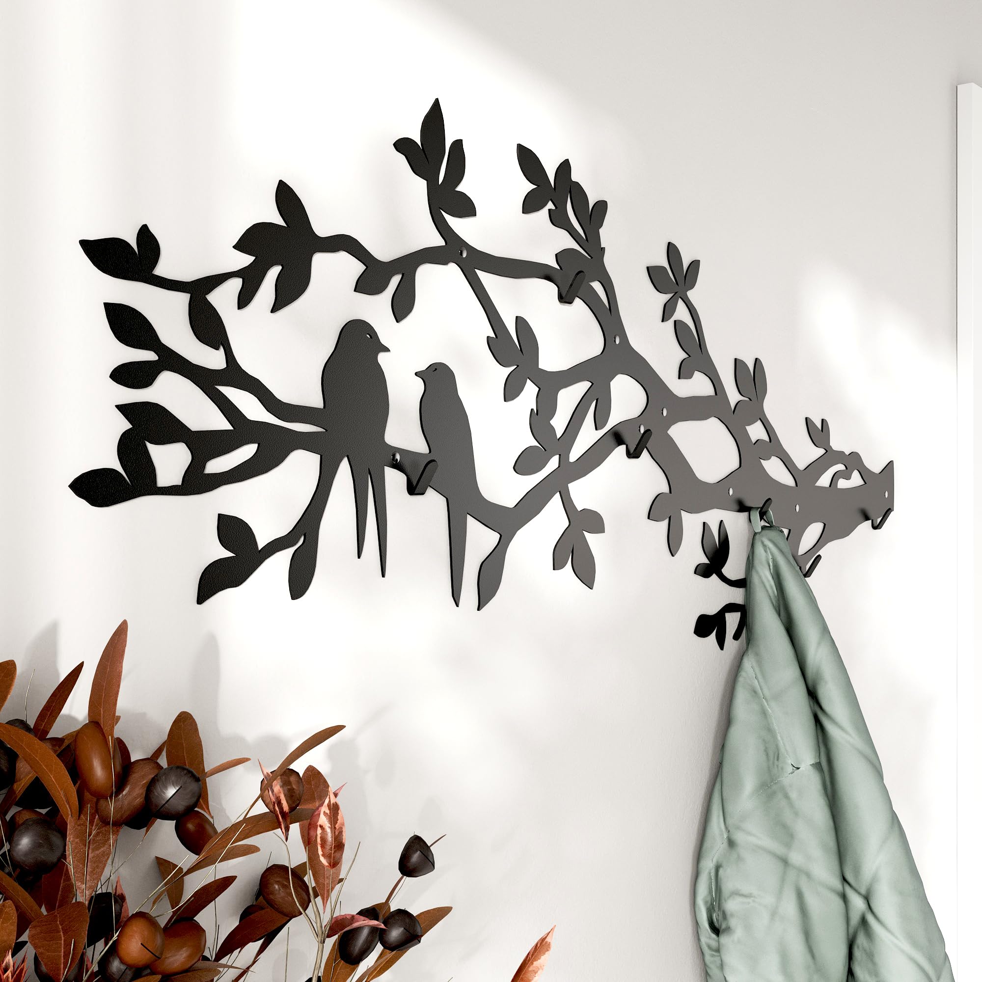 Wall Mounted Coat Rack Tree Branch with Birds 41x16