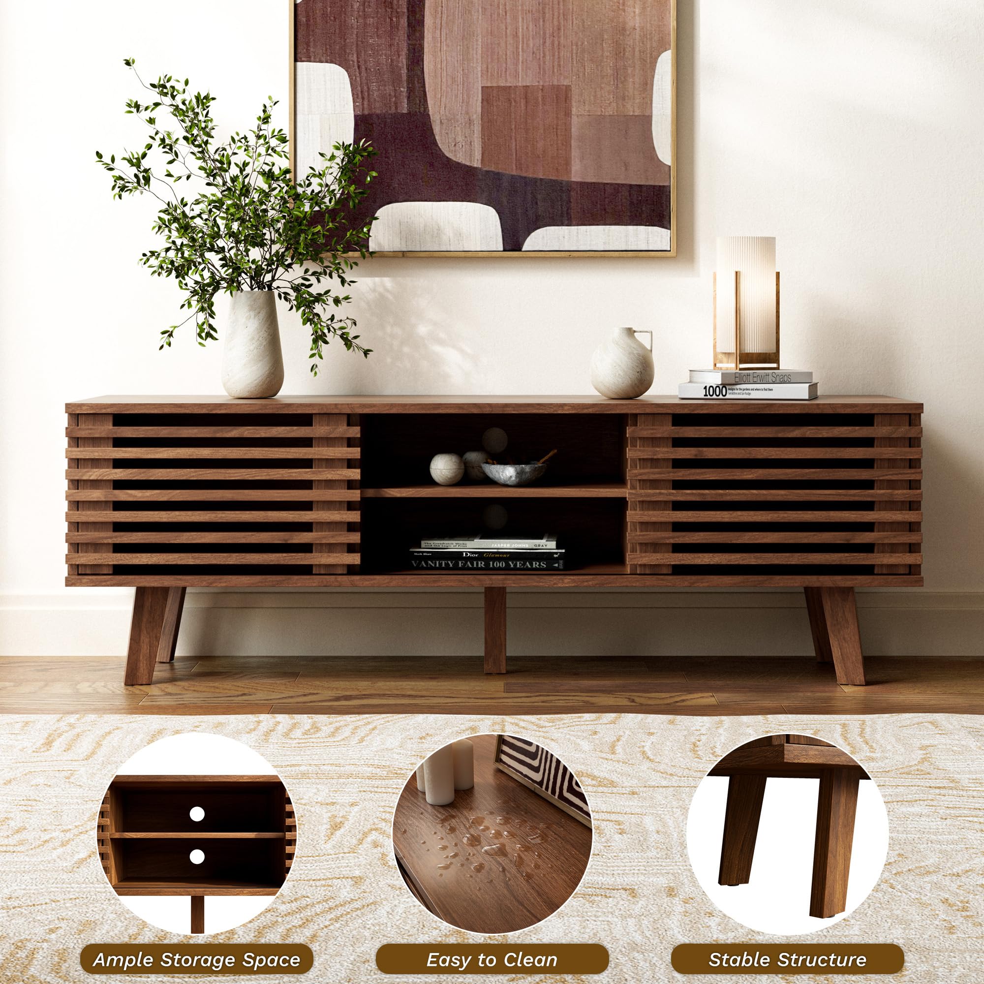 Mid Century Modern TV Stand with Storage and Sliding Door