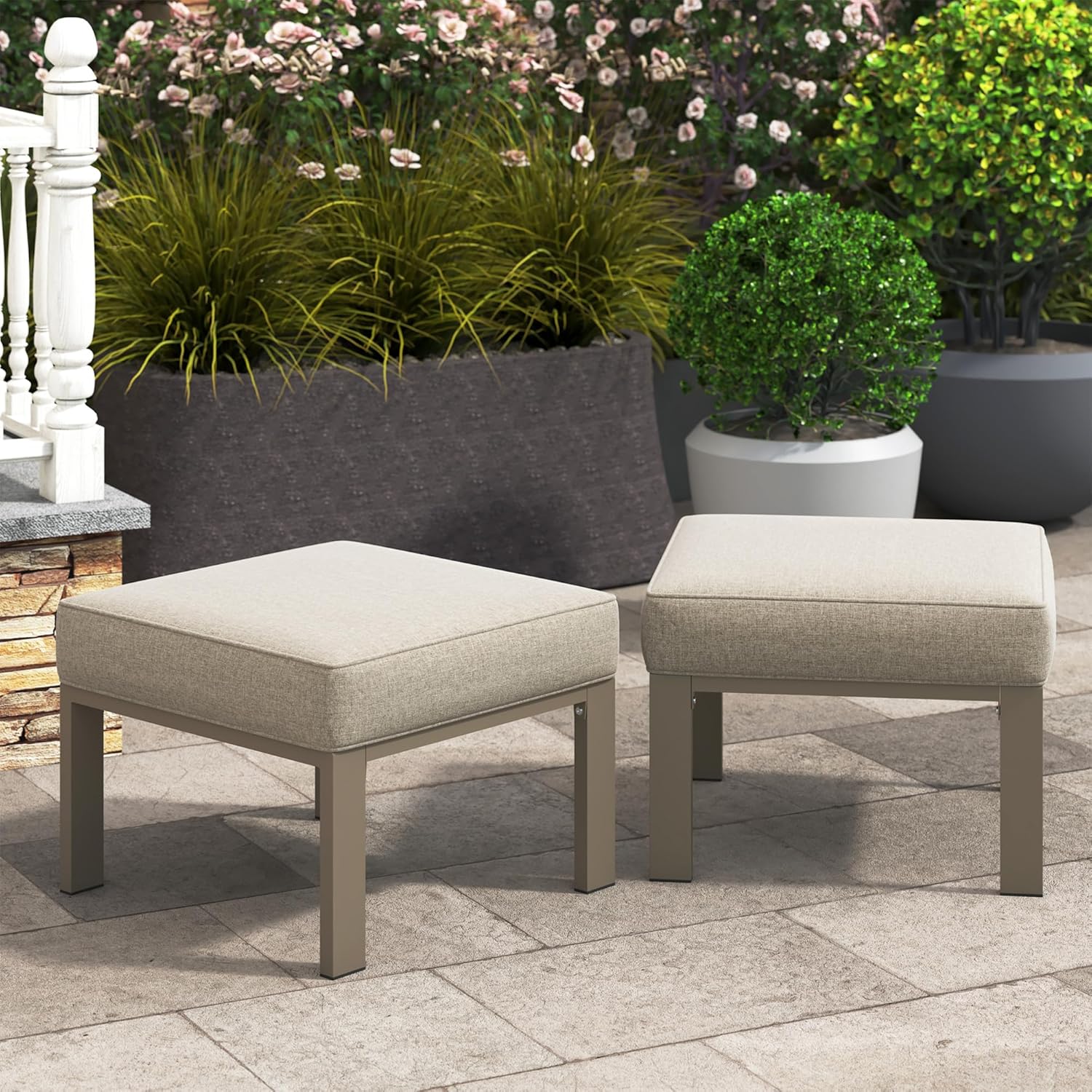 Metal Outdoor Ottoman Set of 2 with Cushions