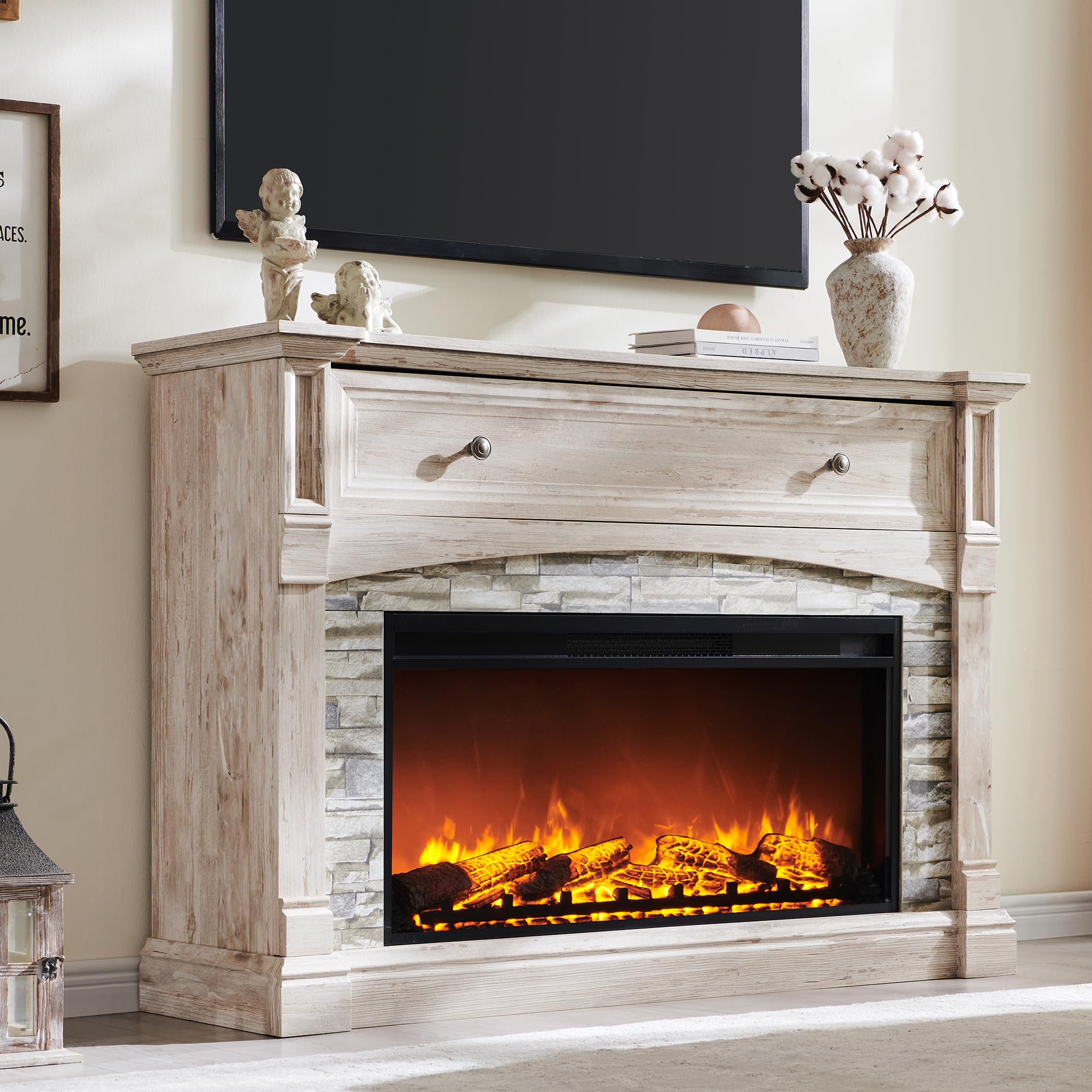 52" Electric Fireplace TV Stand with Mantel and Open Storage