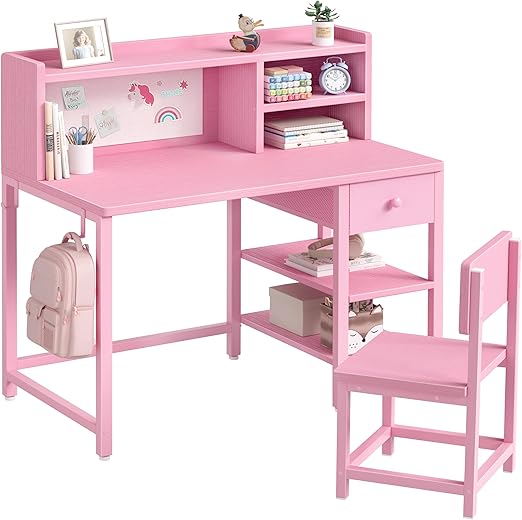 Kids Desk and Chair Set with Hutch and Storage Shelf