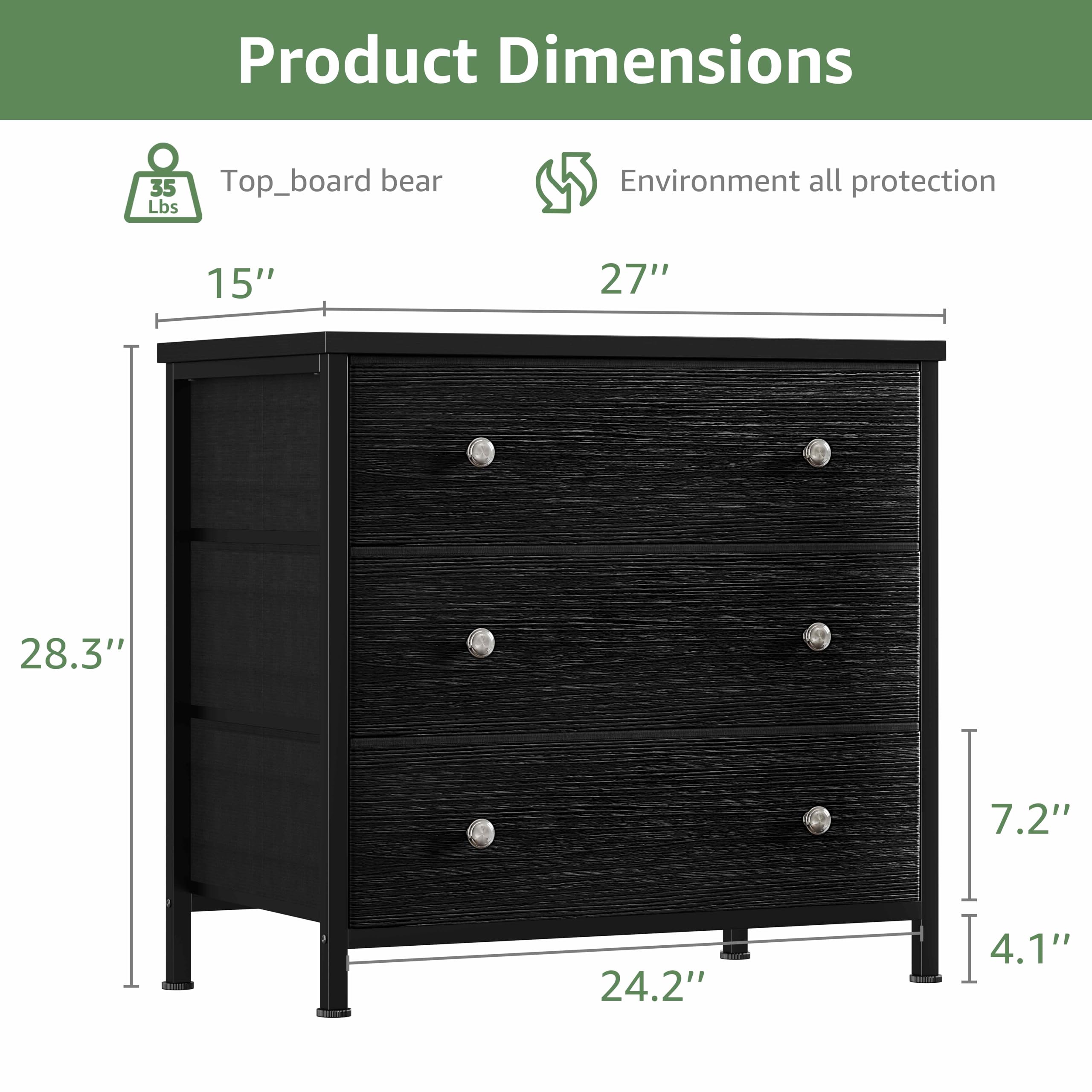 Black Nightstand with Fabric Drawers - 3 Drawer Dresser