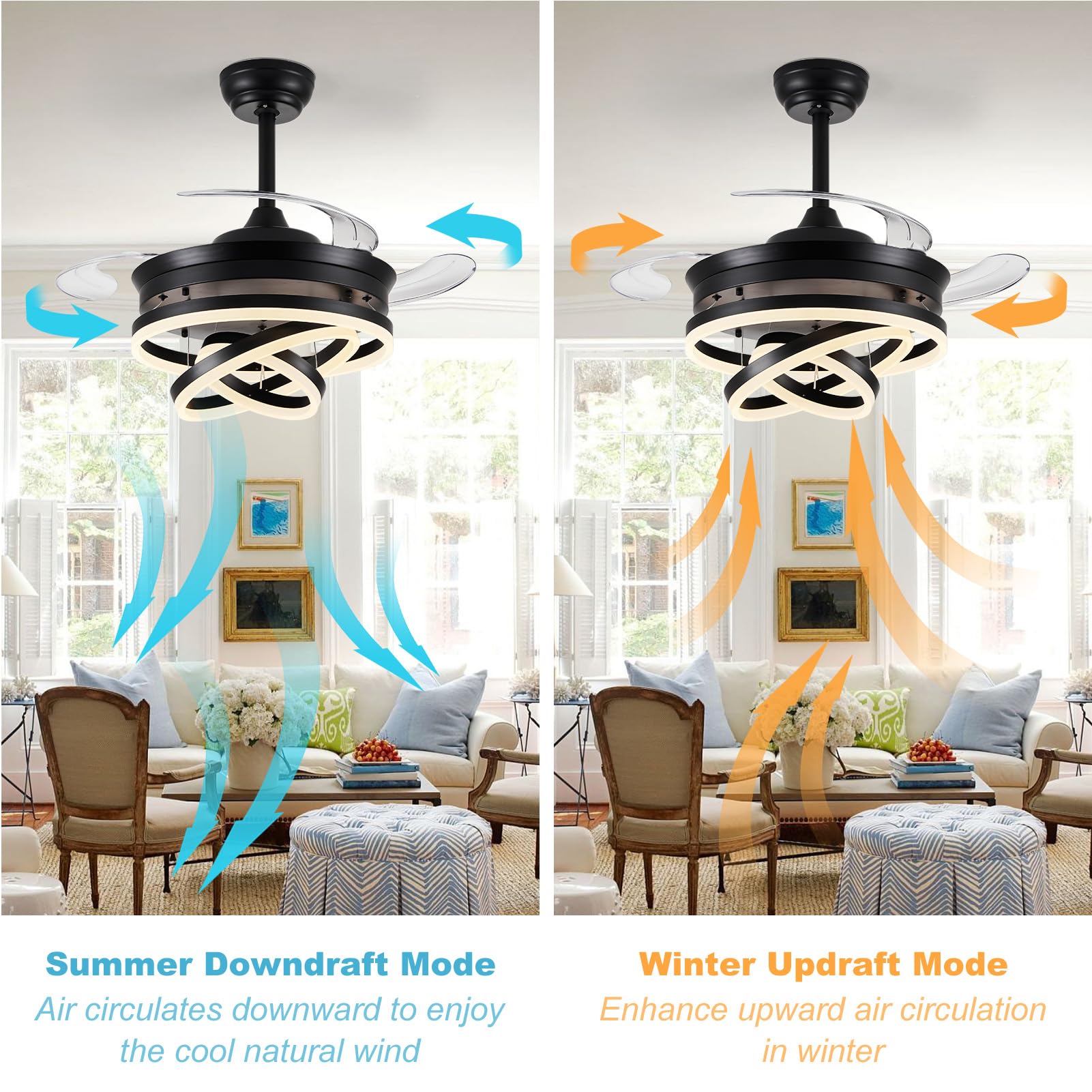 42" Retractable Ceiling Fan with LED Light and Remote Control