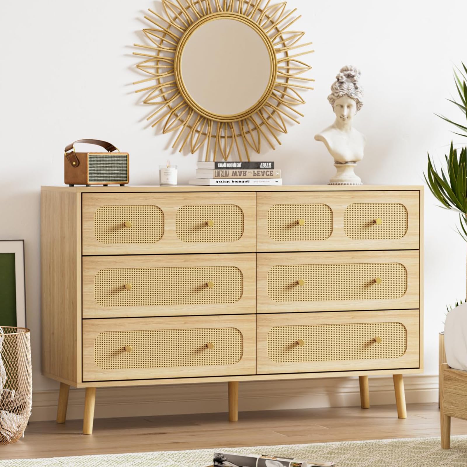 Rattan 6 Drawer Dresser with Gold Handles