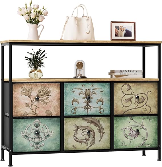 6 Drawer Fabric Dresser with Wooden Top