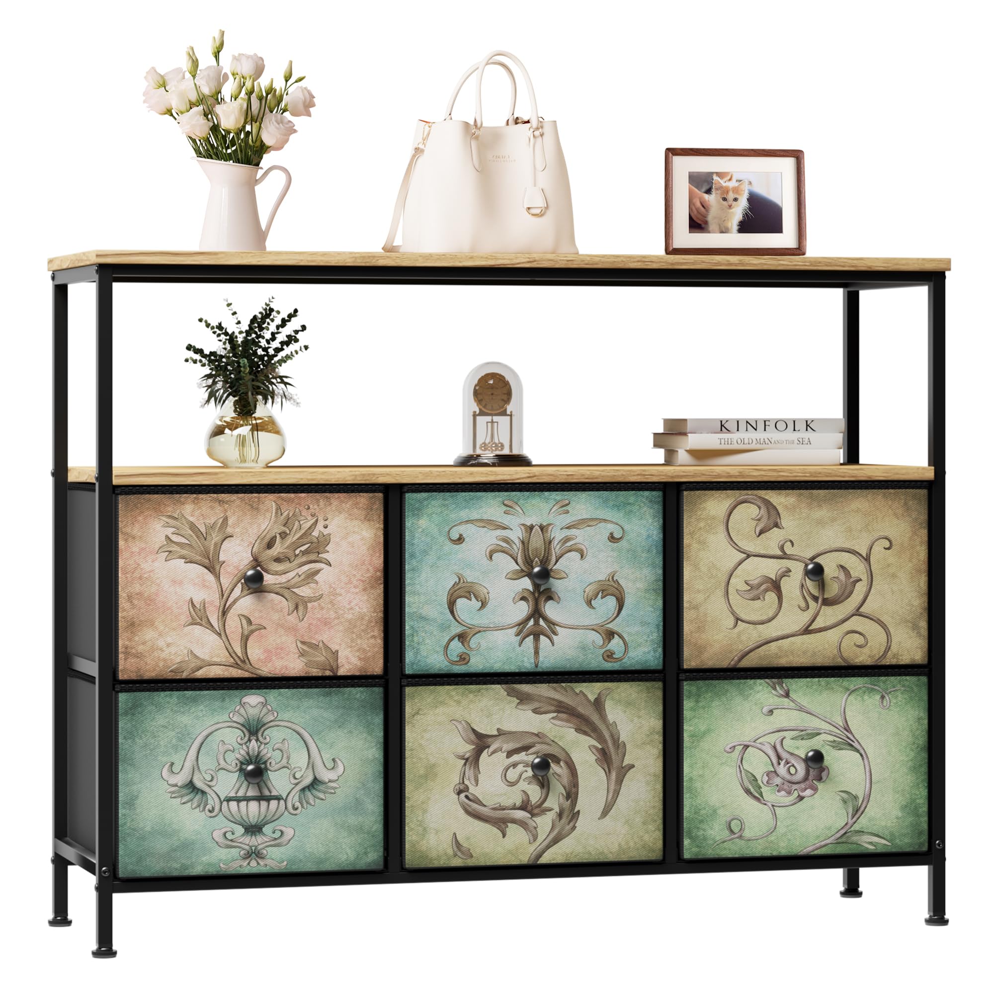 6 Drawer Fabric Dresser with Wooden Top