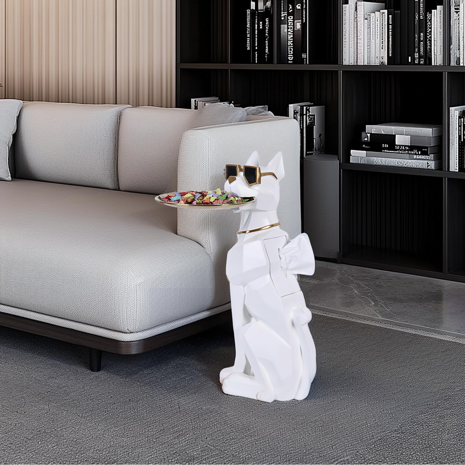 Resin Dog Side Table with Tray and Tissue Box Holder