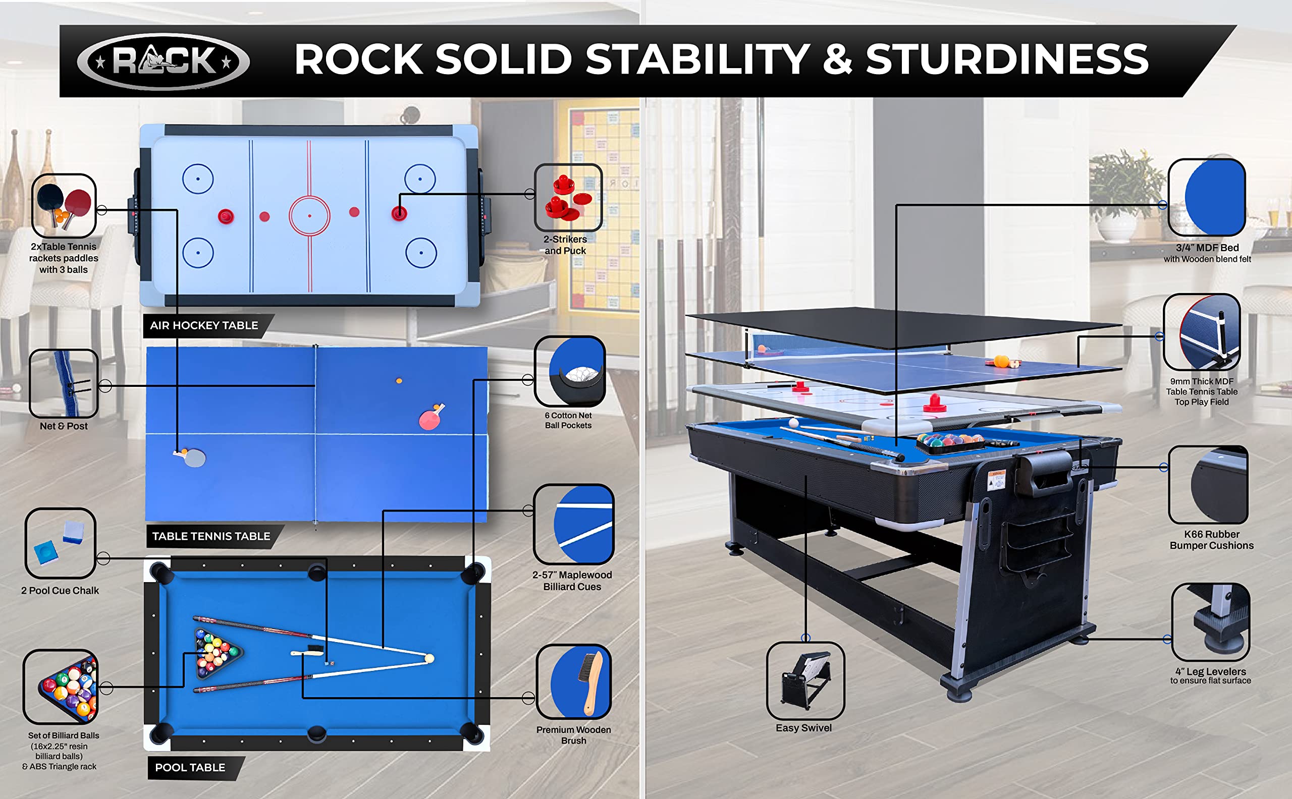 7-Foot 3-in-1 Multi-Game Swivel Table