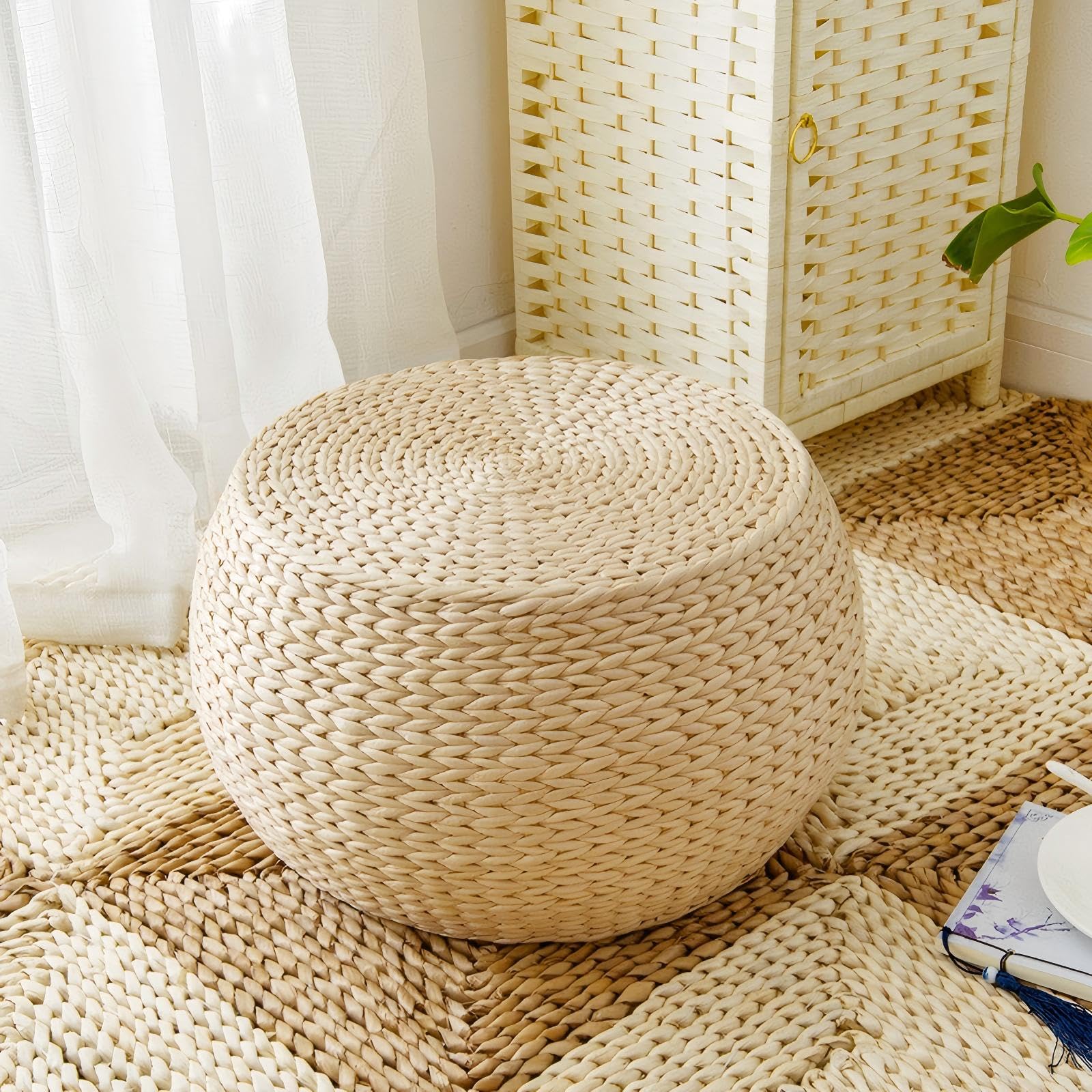 Handwoven Straw Round Pouf Ottoman