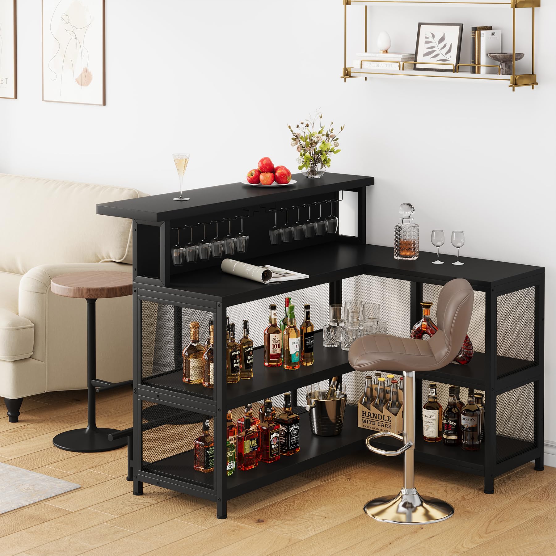 L-Shaped Home Bar Unit with Wine Holder and LED Light