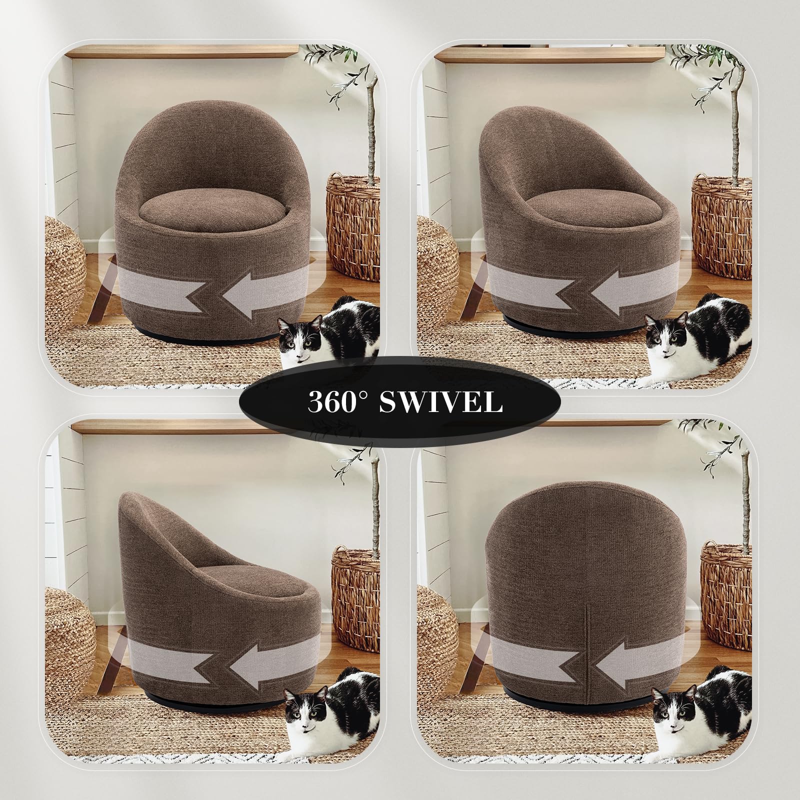 COLAMY Modern Swivel Accent Chair with Hidden Storage, 360° Barrel Swivel Chair, Small Swivel Armchair for Living Room/Bedroom, Brown, Textile Material