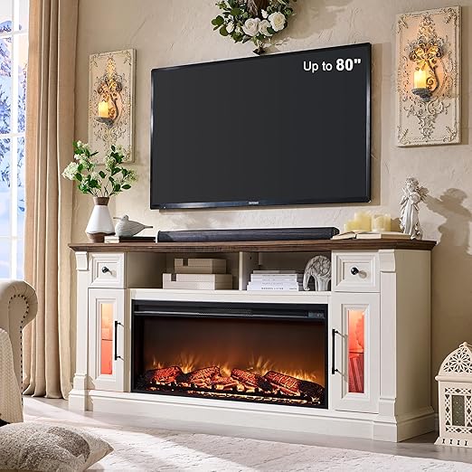 Fireplace TV Stand for 80 Inch TV with Electric Fireplace & LED Lights