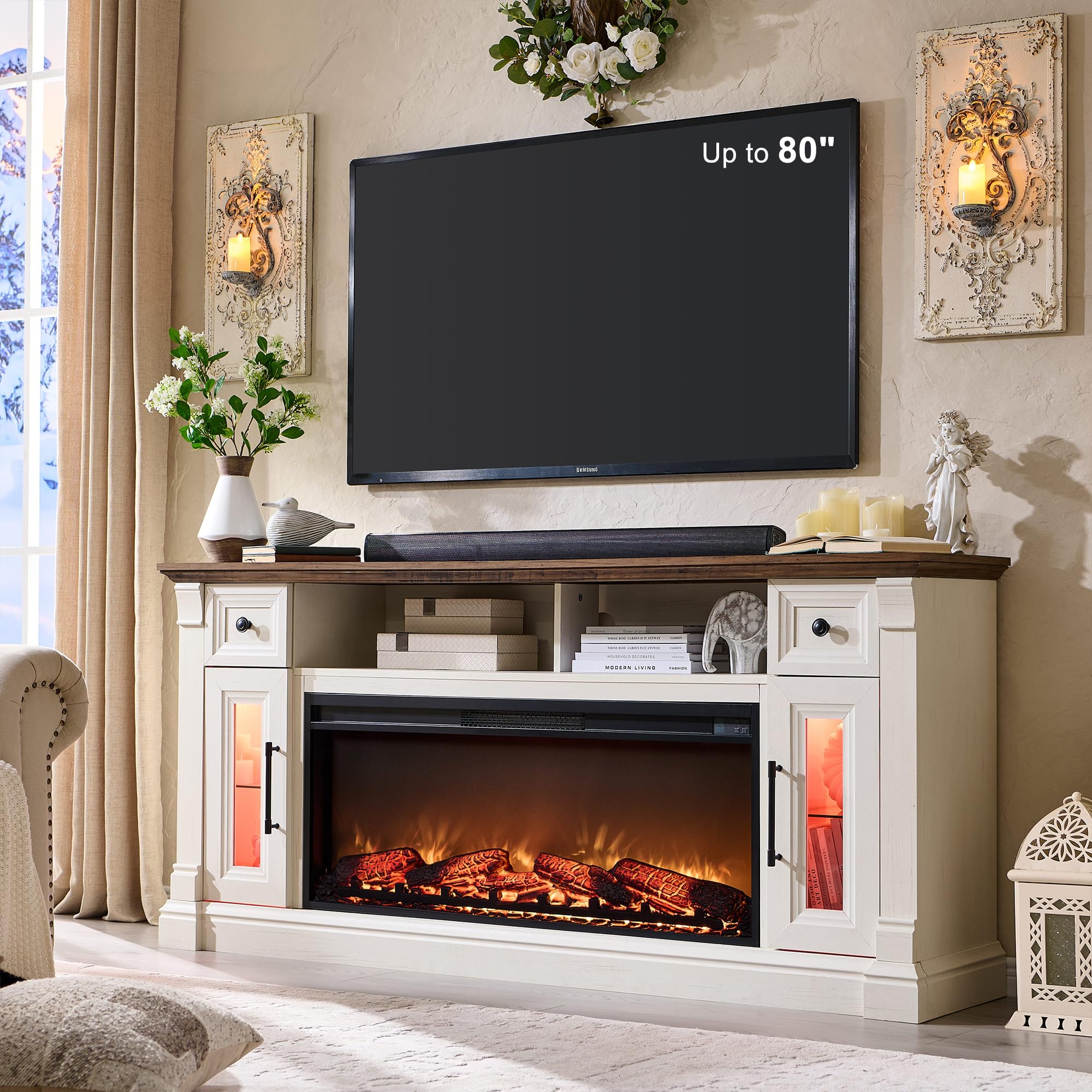 Fireplace TV Stand for 80 Inch TV with Electric Fireplace & LED Lights