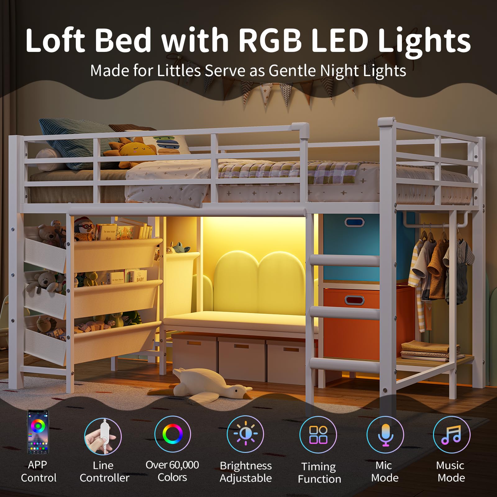 Low Loft Twin Bed with Reading Corner and LED Lights