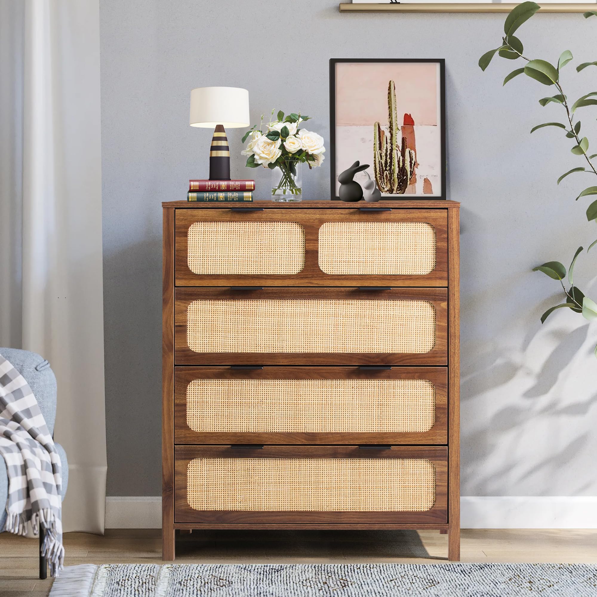 4 Drawer Rattan Dresser with Metal Handles