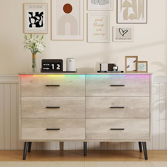 White Dresser with 6 Drawers and LED Light