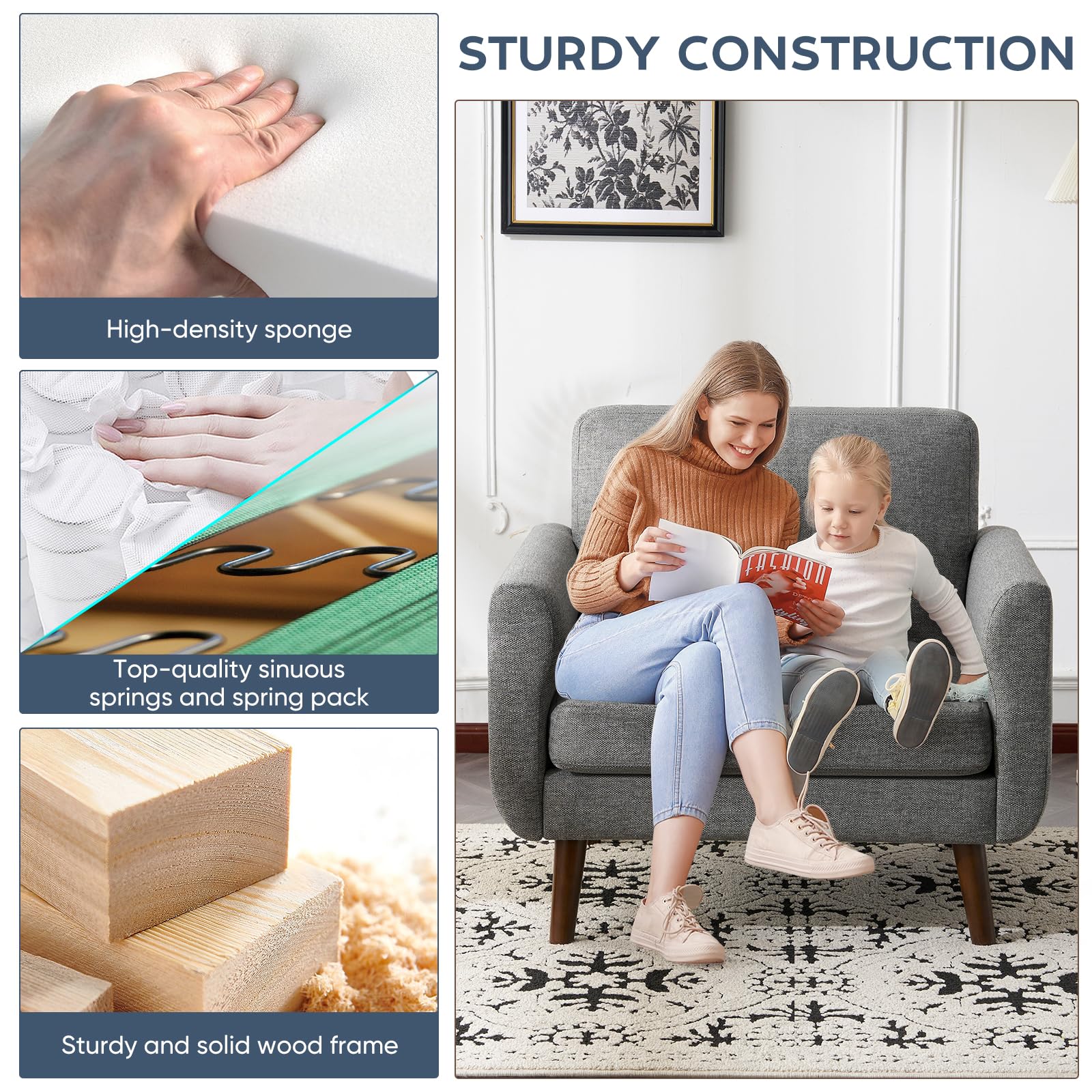 ELUCHANG Accent Chairs Set of 2, Oversized Mid Century Modern Arm Chair, Soft Linen Fabric Sofa Chairs Upholstered Comfy Chair for Living Room Bedroom Apartment (Grey)