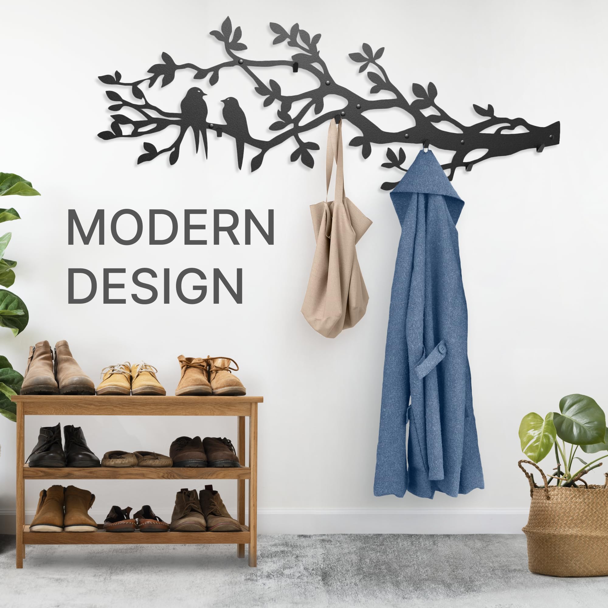 Wall Mounted Coat Rack Tree Branch with Birds 41x16