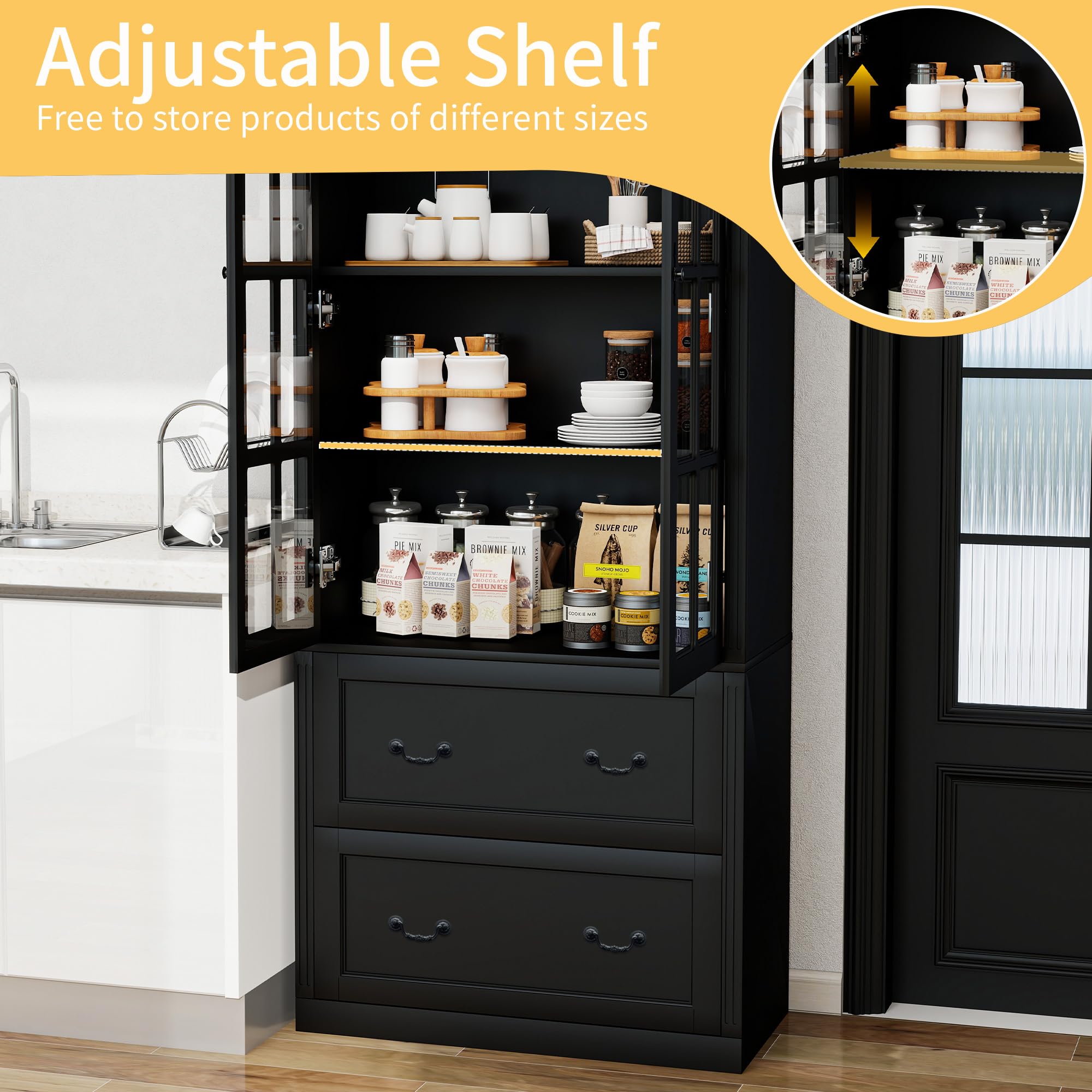 Tall Storage Cabinet with Glass Doors and Drawers
