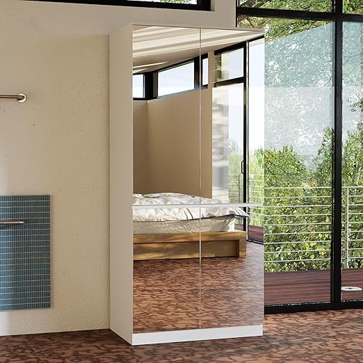 Mirrored Wardrobe Closet with 2 Doors, 2 Drawers & Hanging Rod