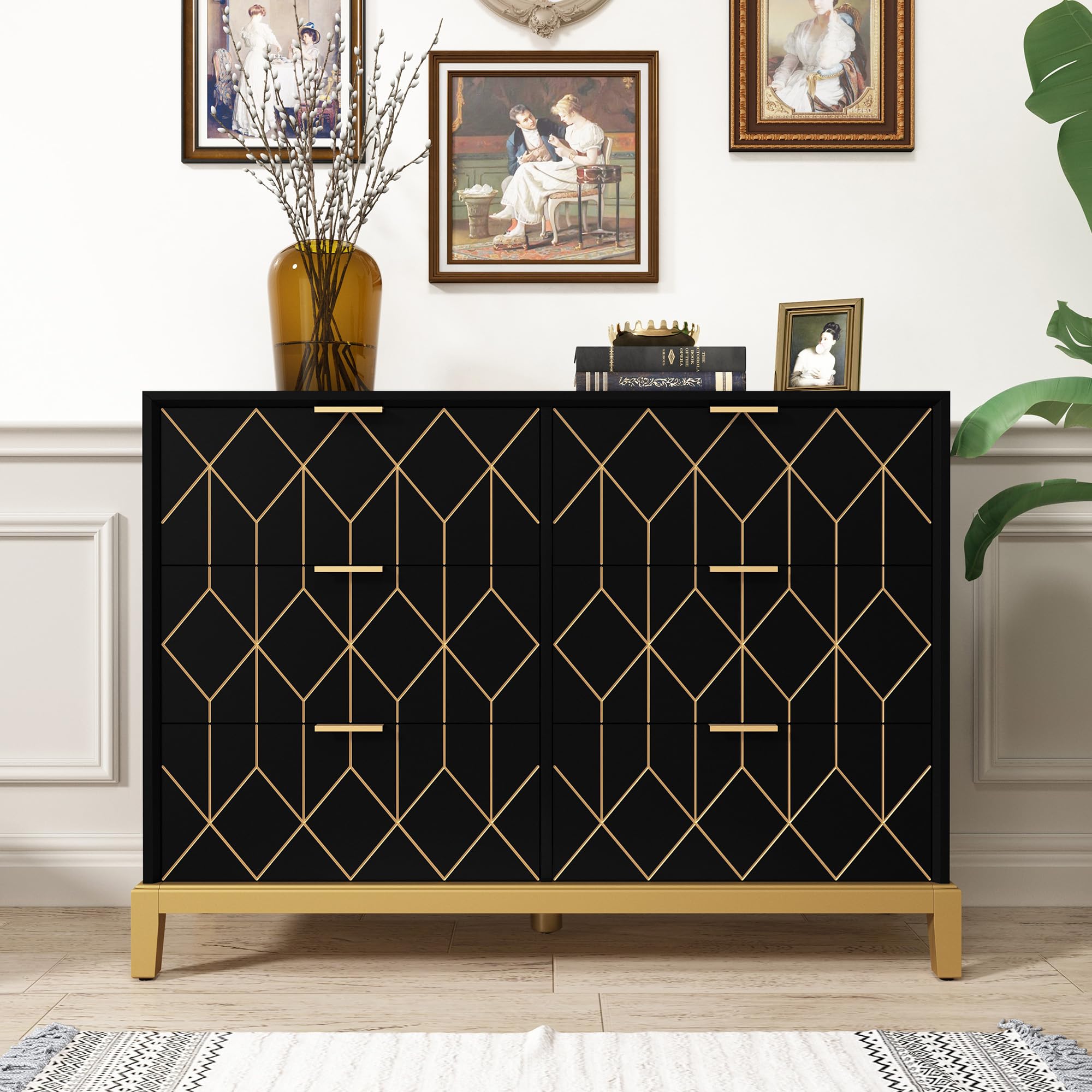 48" Modern Dresser with 6 Drawers and Gold Lines