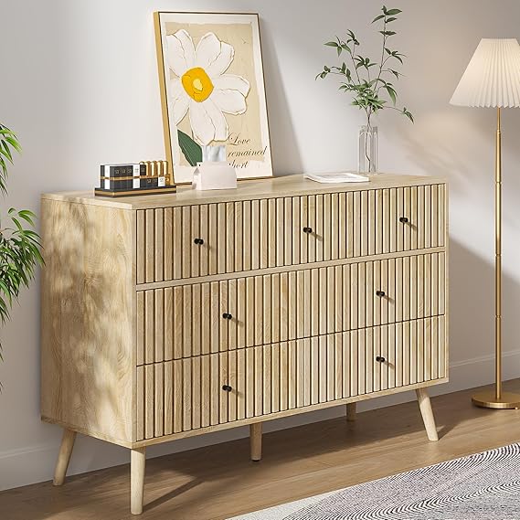 Fluted 7 Drawer Dresser with Black Handles