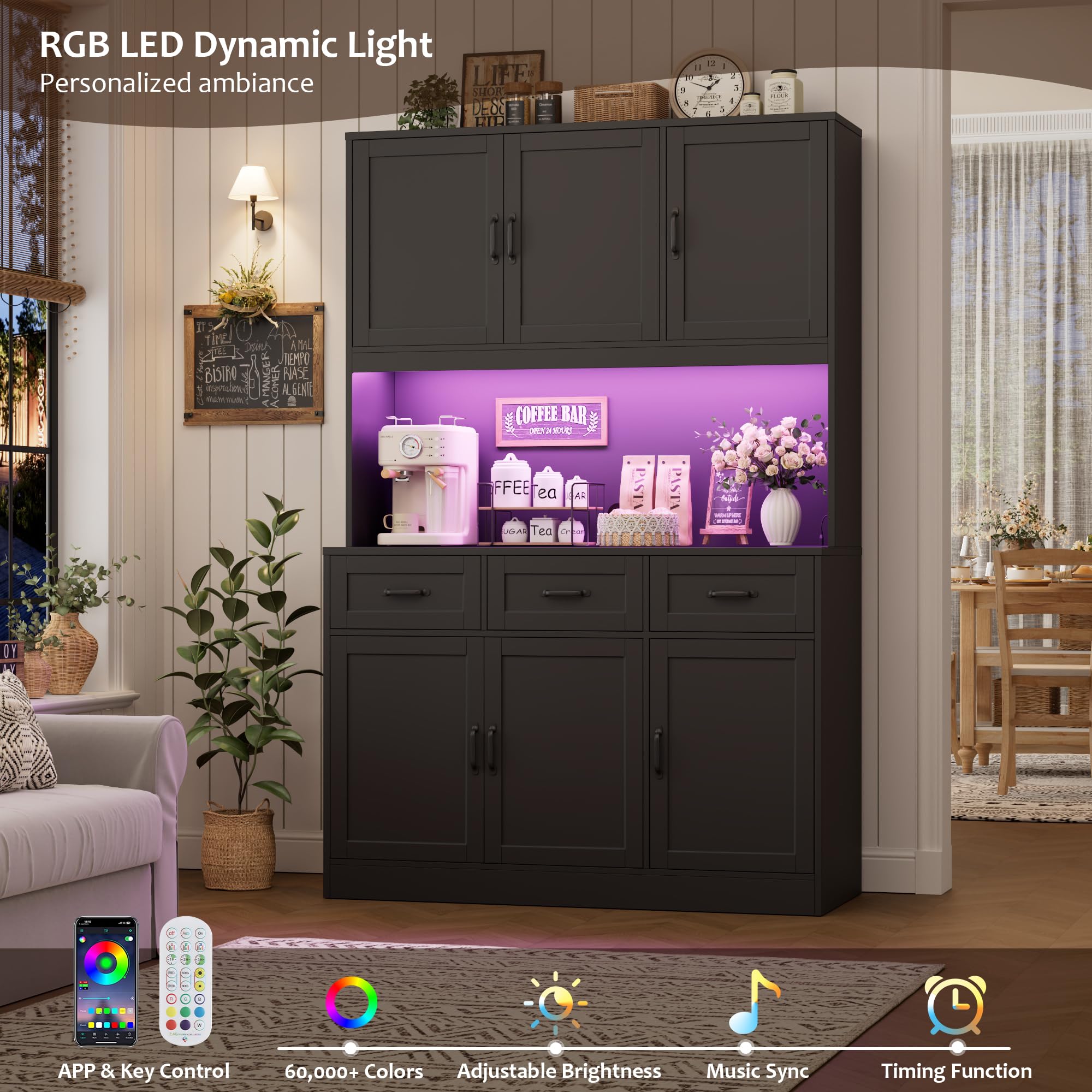 72" Kitchen Pantry Cabinet with LED Lights