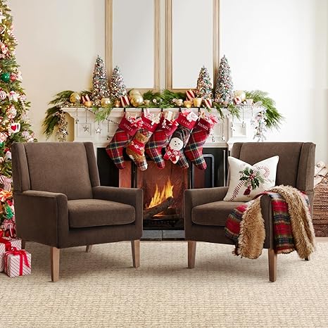 Mid-Century Modern Wingback Accent Chair Set of 2 - Green Chenille Upholstered