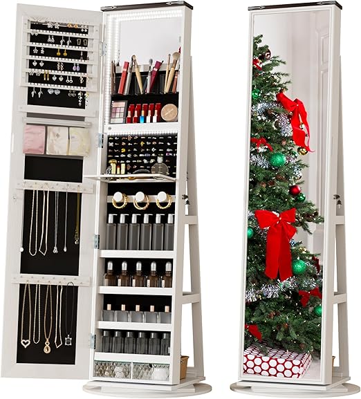 LED Mirror Jewelry Cabinet with 360° Swivel Storage