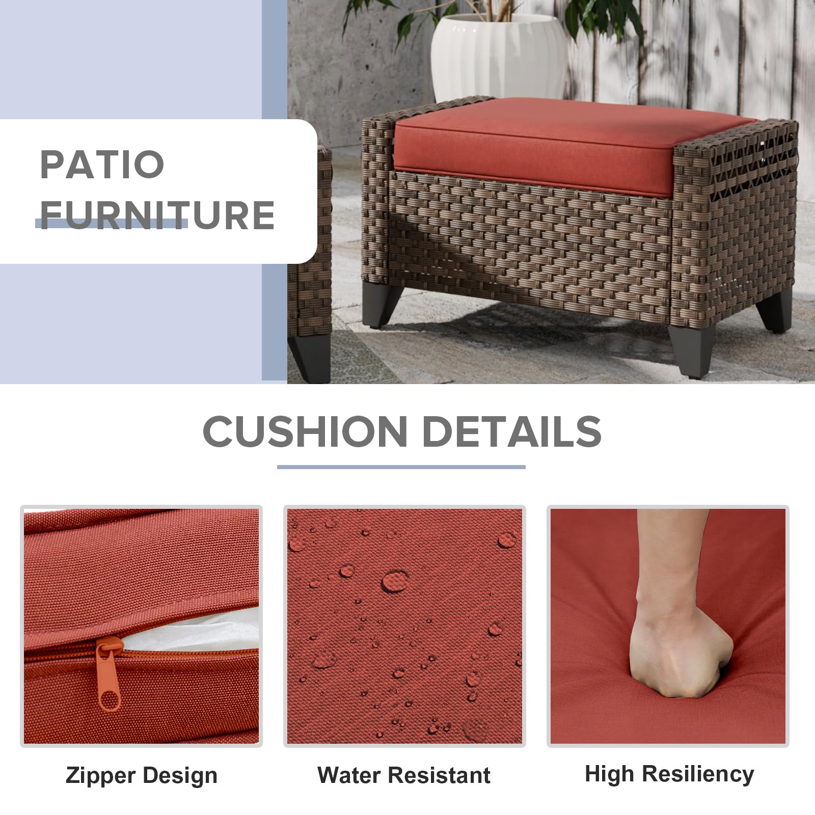 2 Piece Wicker Outdoor Ottomans with Removable Cushions