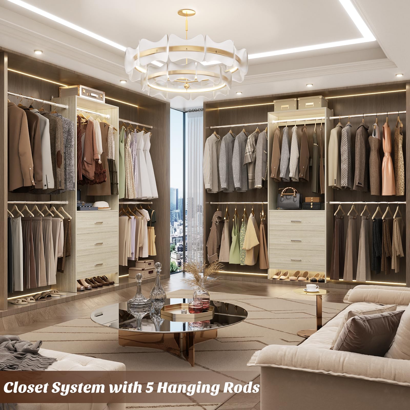 Wall-Mounted Closet System with 3 Drawers and 4 Hanging Rods