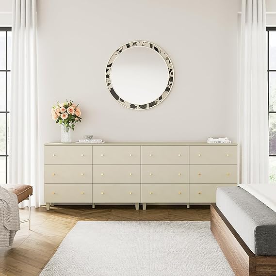 6-Drawer Dresser with Solid Wood Legs - Beige