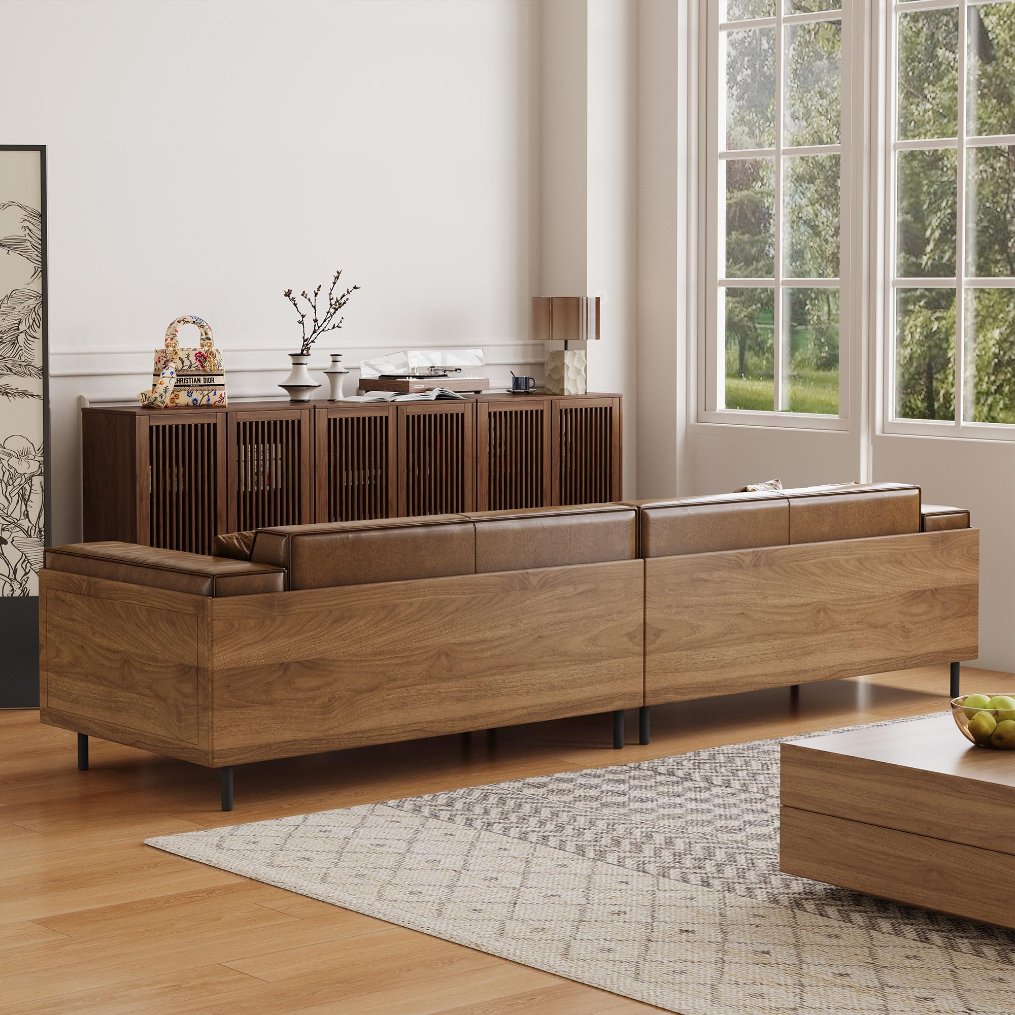 Mid-Century Modern Leather Sofa 111.81" 3-Seat Couch with Wooden Accents