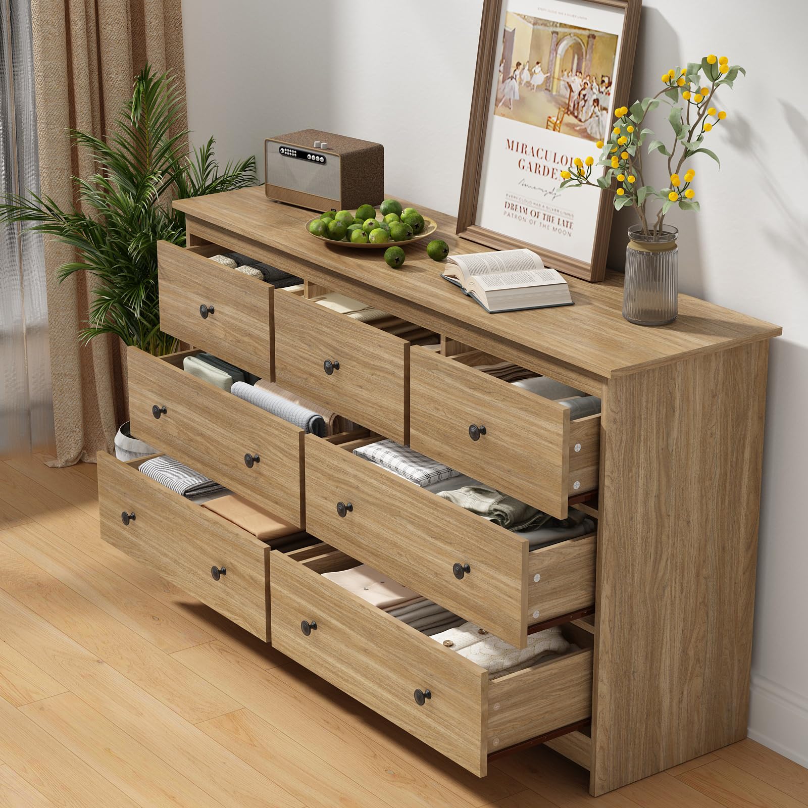 7 Drawer Dresser 55 Inch Wide Natural Wood Chest