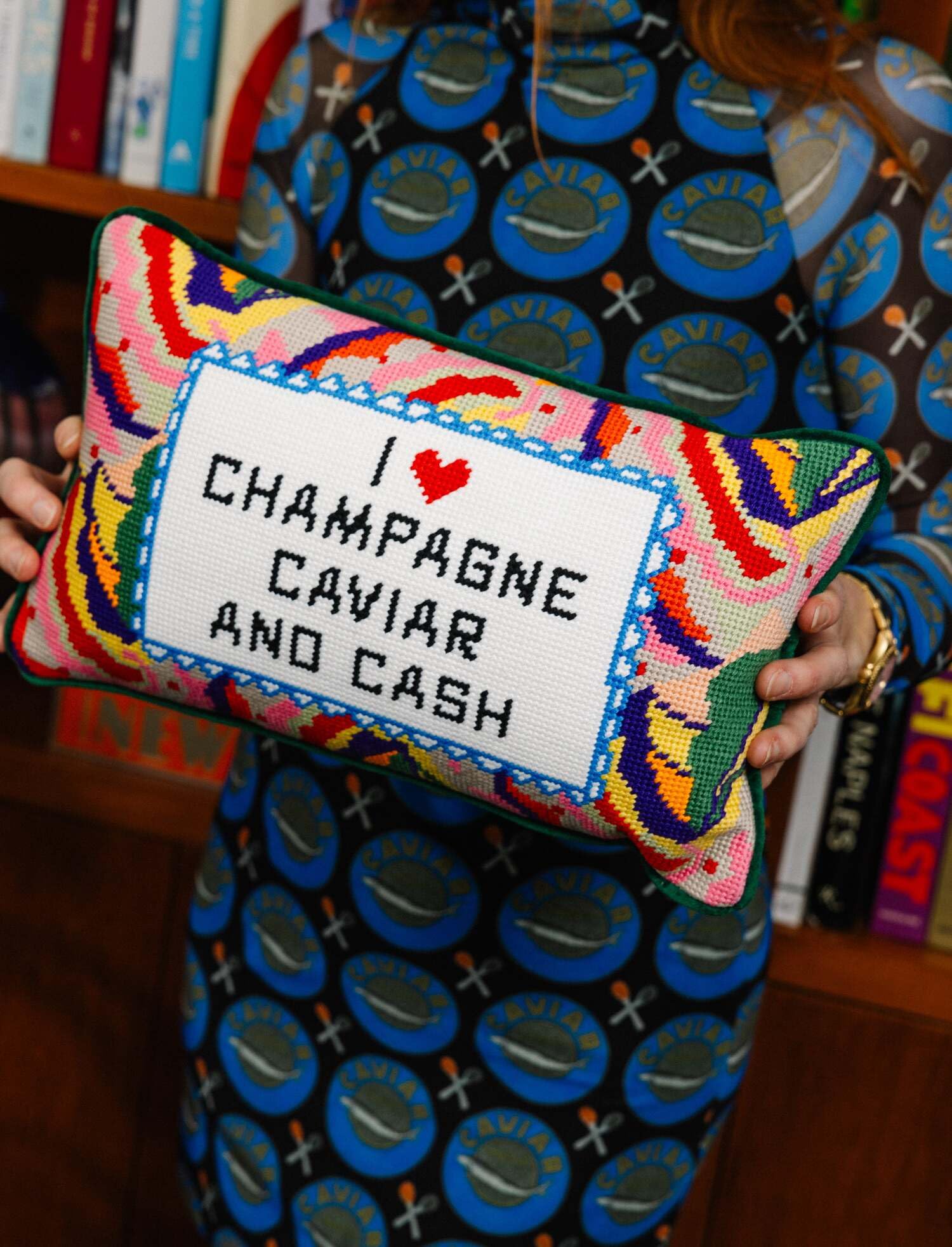 Needlepoint Throw Pillow - Caviar and Cash