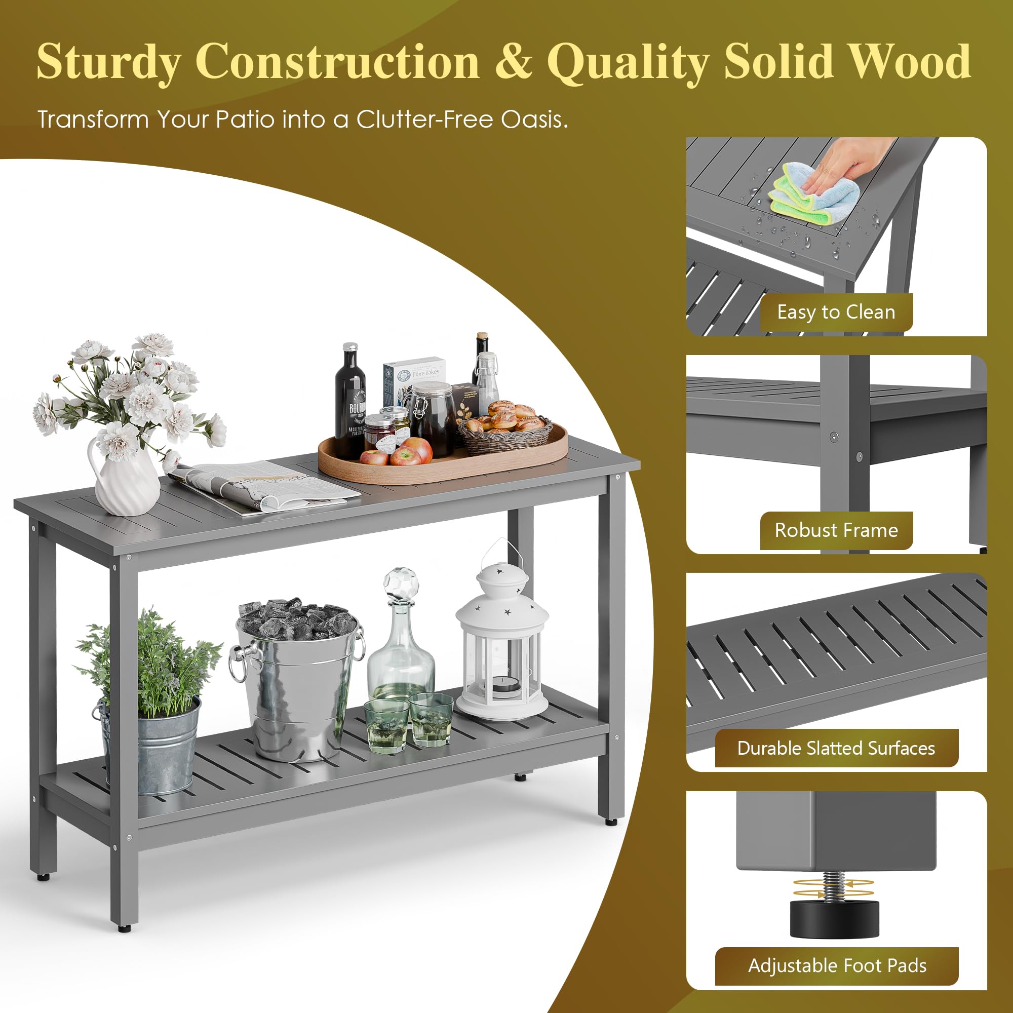 48 Inch Outdoor Console Table 2-Tier Solid Wood