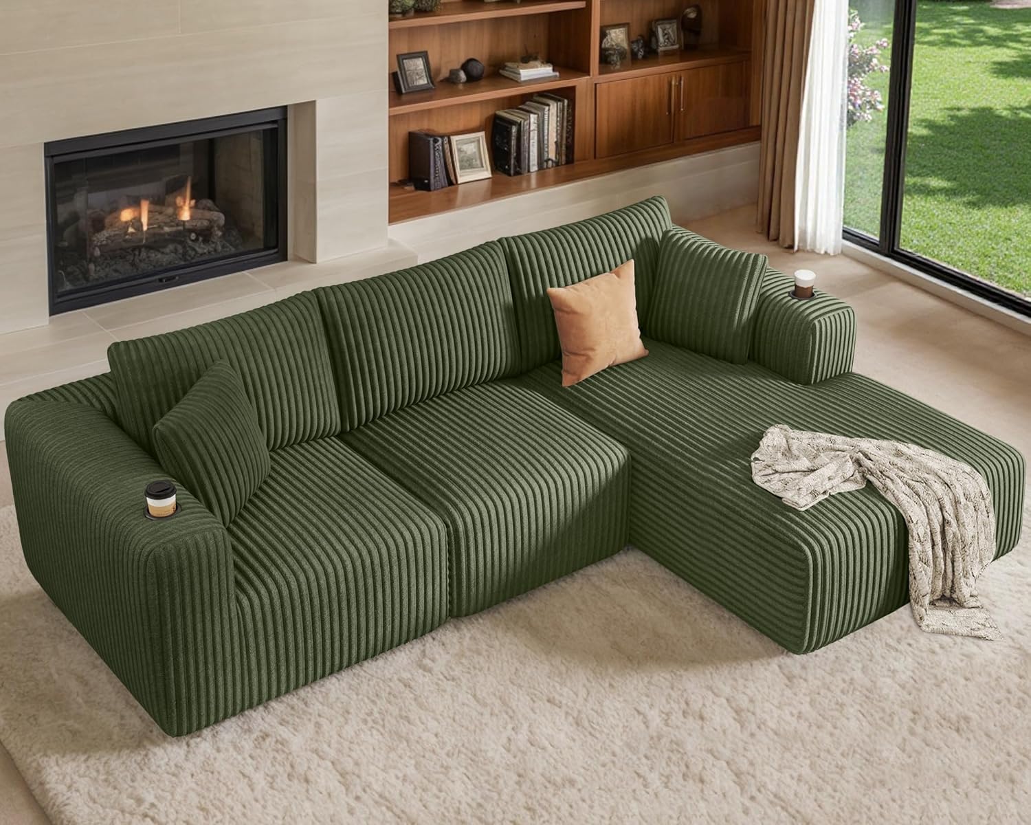 Modular Sectional Sofa with Deep Seat and Cup Holder