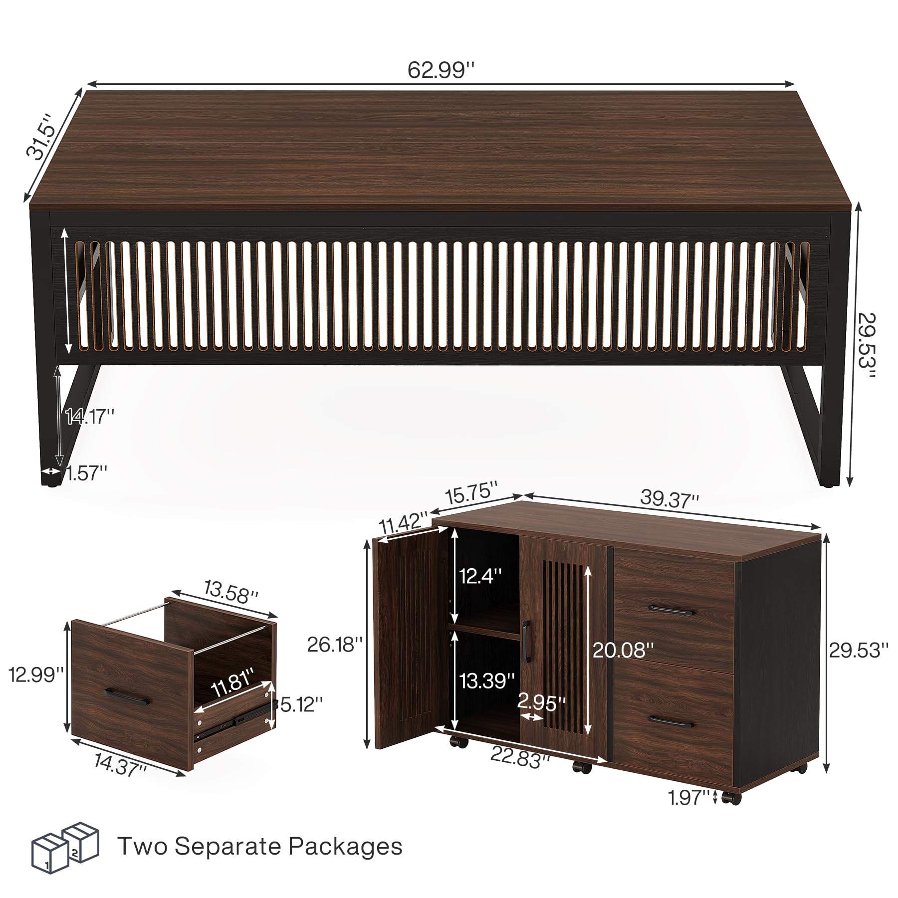 63-Inch Executive L-Shaped Desk with Mobile File Cabinet