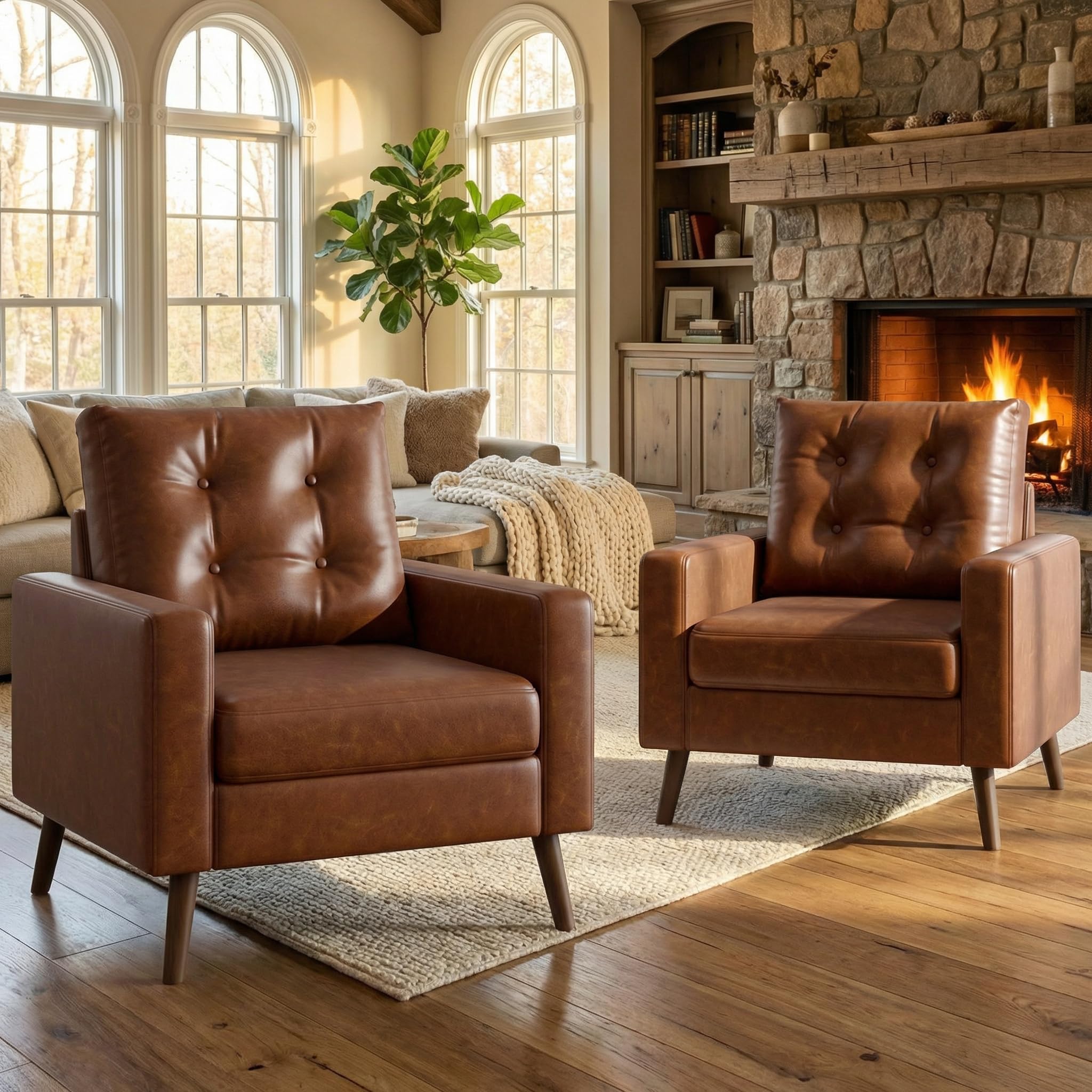 HNY Mid Century Modern Armchair, Button Tufted Faux Leather Accent Chair with Armrests, Upholstered Club Chair for Living Room, Bedroom & Office, Caramel Brown