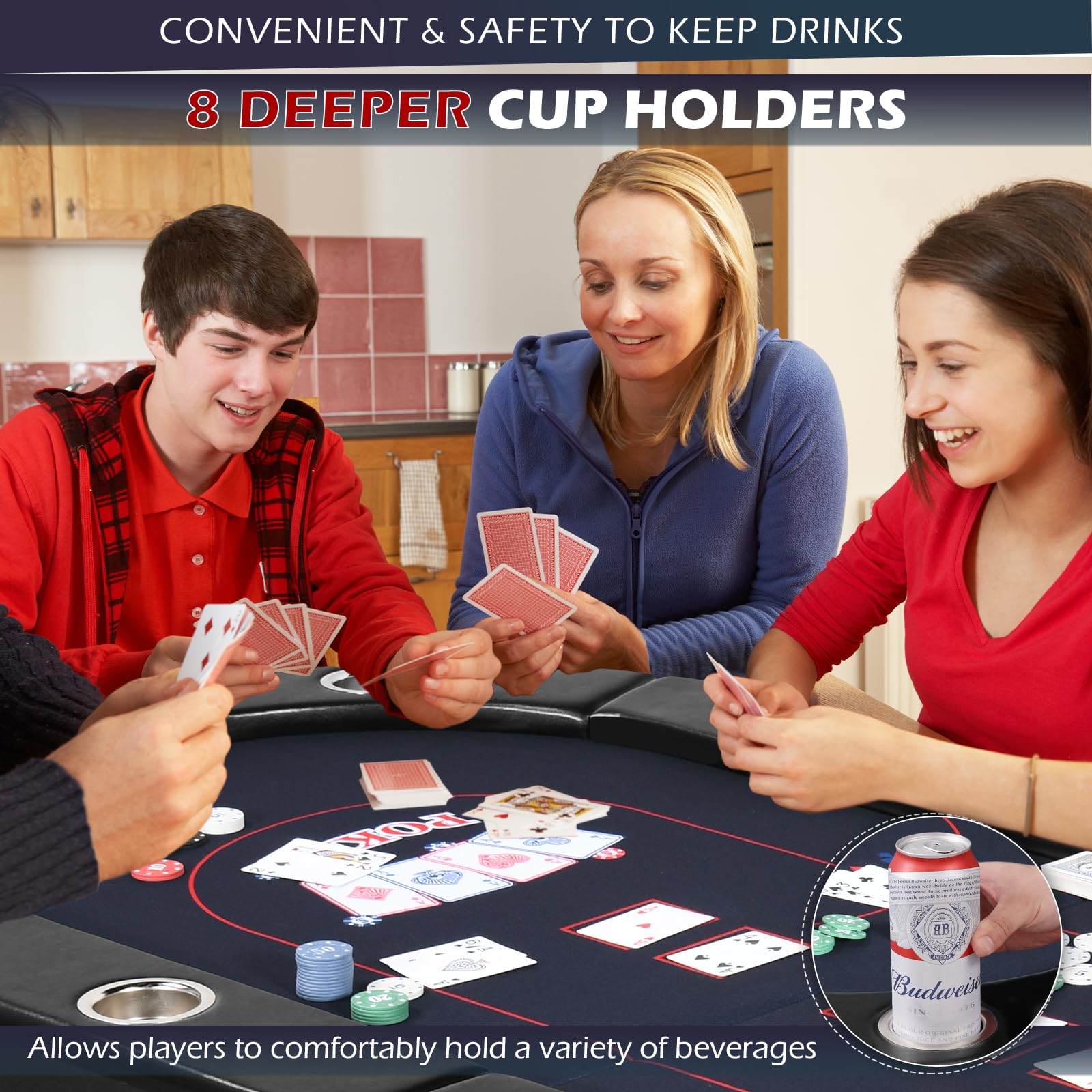 8-Player Foldable Poker Table with Cup Holders