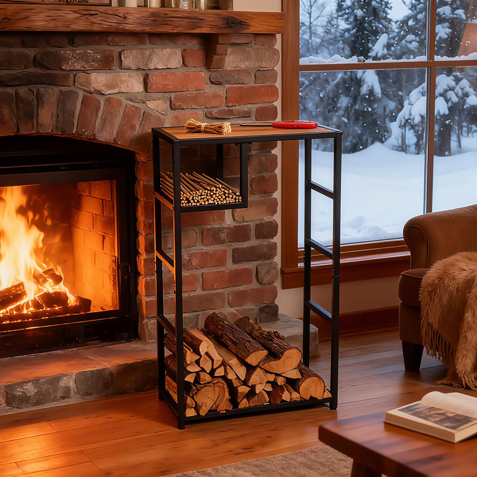 Indoor Firewood Rack with Storage Shelf