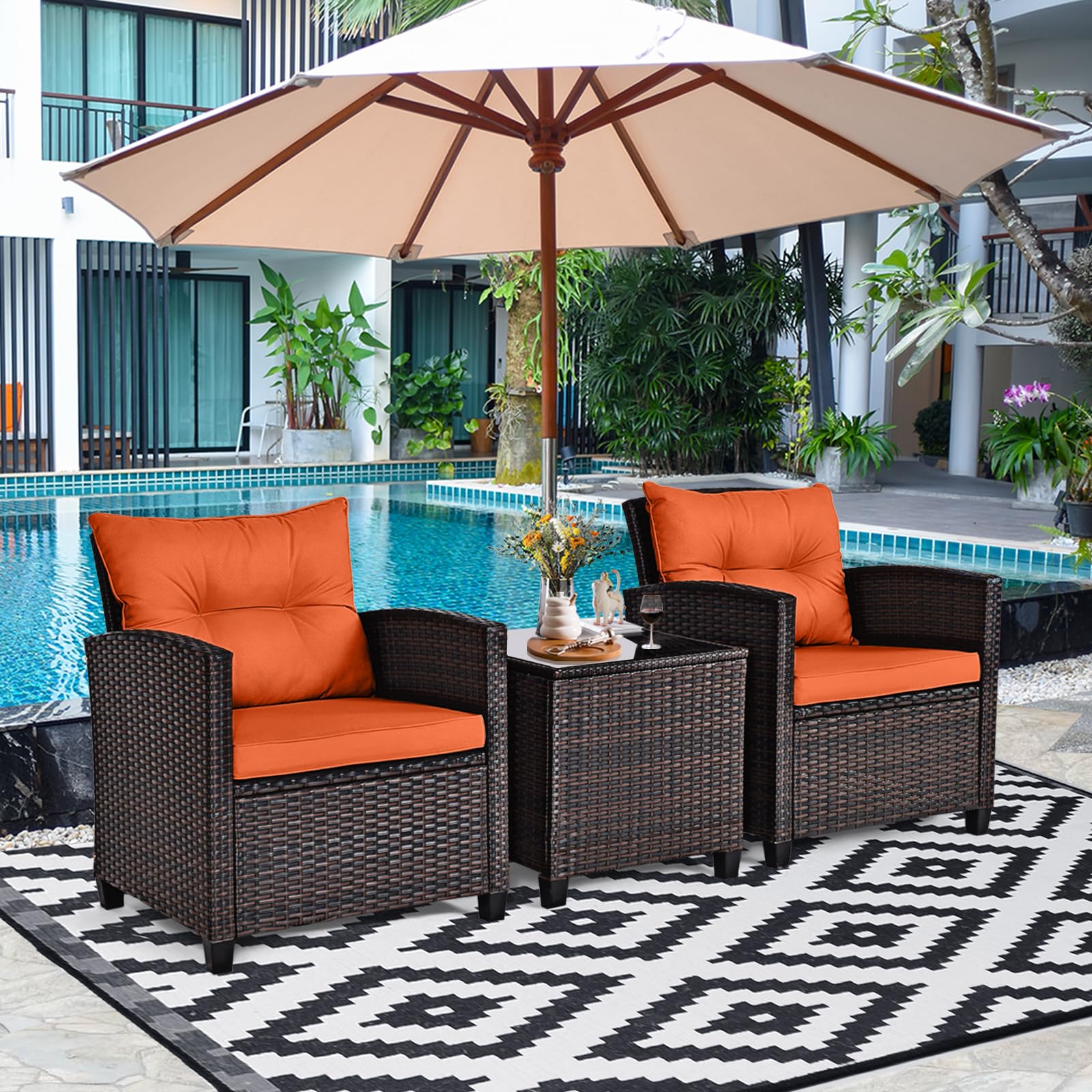 KOTEK 3 Piece Patio Furniture Set, Outdoor Conversation Set with Washable Cushions & Tempered Glass Tabletop, PE Rattan Wicker Bistro Set for Porch, Garden, Balcony (Orange)