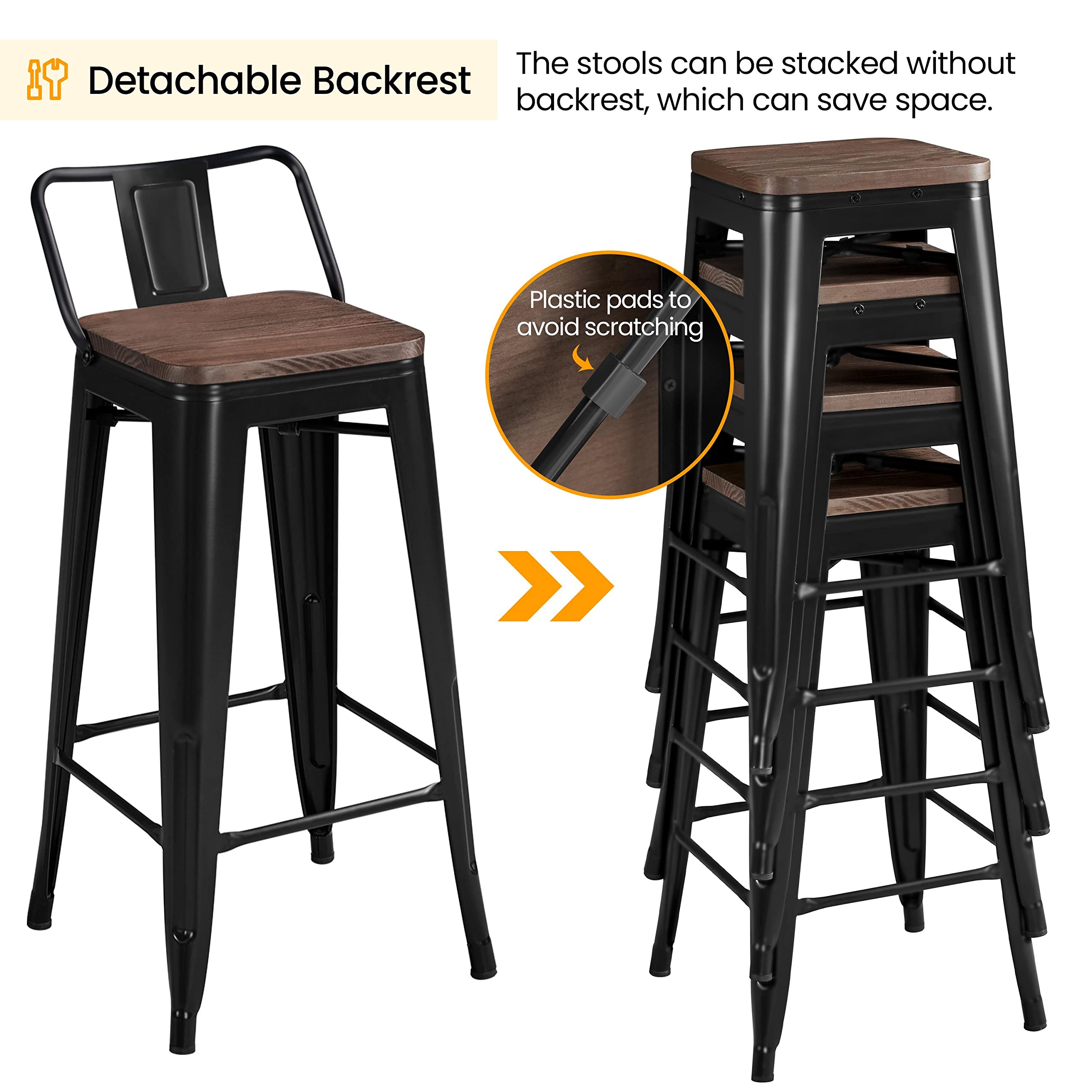 30" Metal Bar Stools Set of 4 with Wooden Seat and Low Back